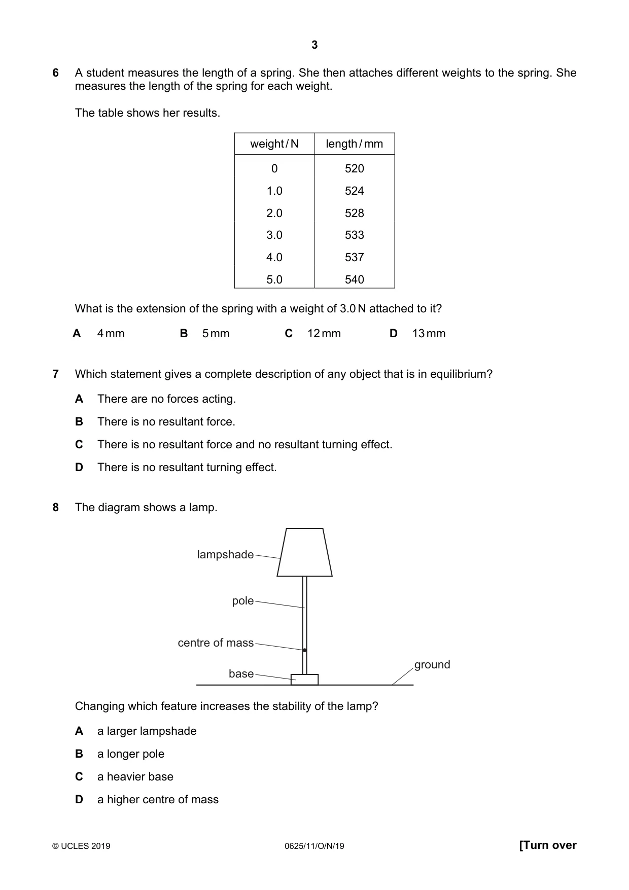 Cambridge IGCSE Physics 0625 2019 Oct/Nov Paper 1 · Variant 1 question paper, page 3 of 16