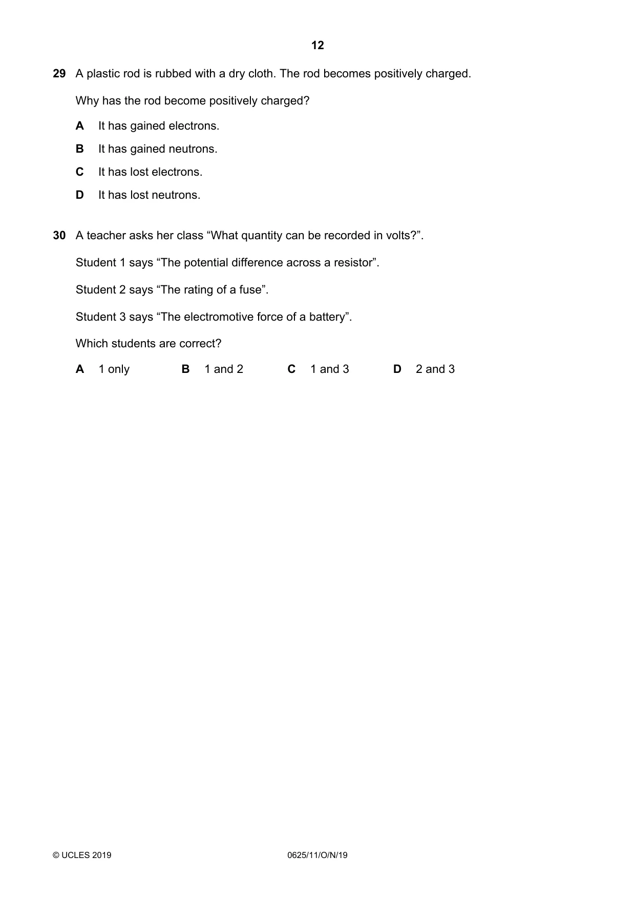 Cambridge IGCSE Physics 0625 2019 Oct/Nov Paper 1 · Variant 1 question paper, page 12 of 16