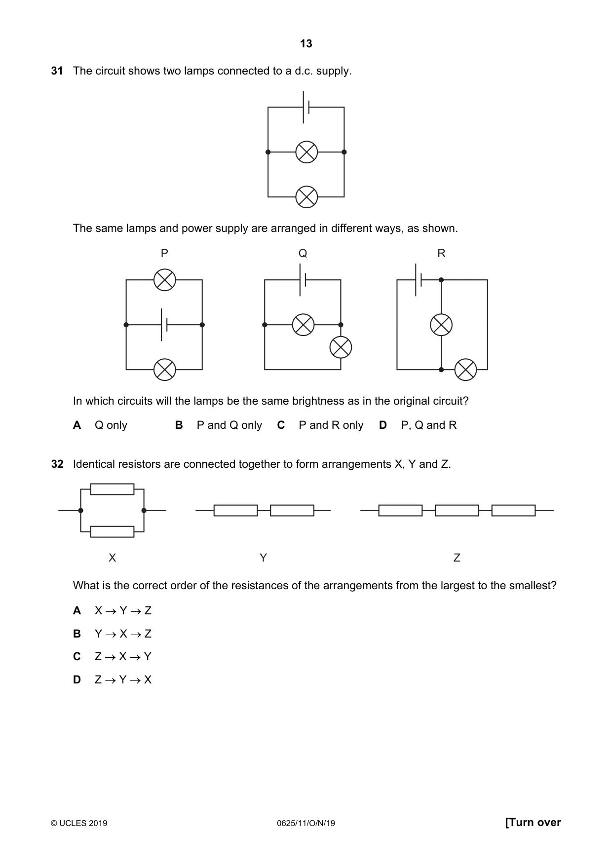 Cambridge IGCSE Physics 0625 2019 Oct/Nov Paper 1 · Variant 1 question paper, page 13 of 16