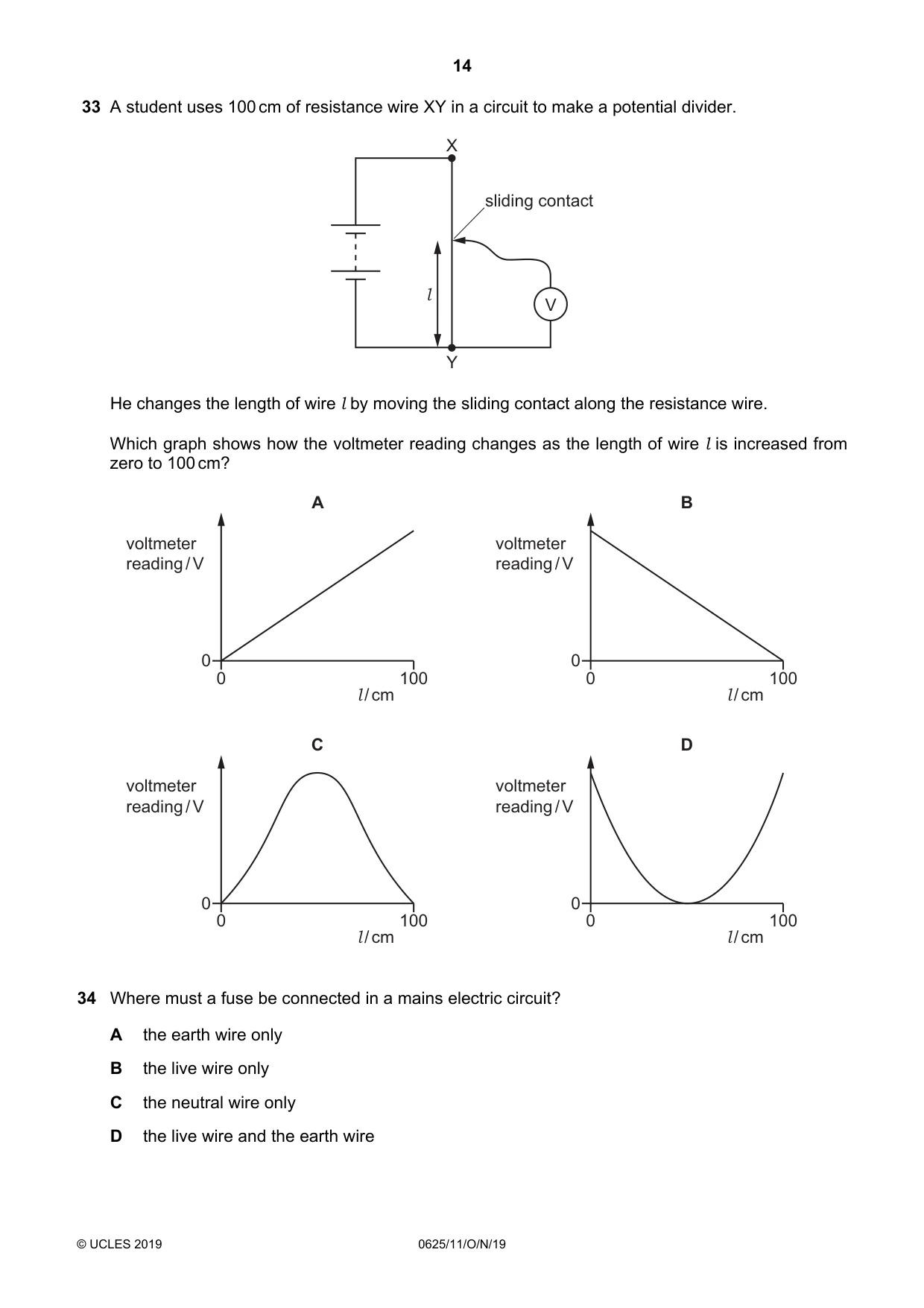 Cambridge IGCSE Physics 0625 2019 Oct/Nov Paper 1 · Variant 1 question paper, page 14 of 16