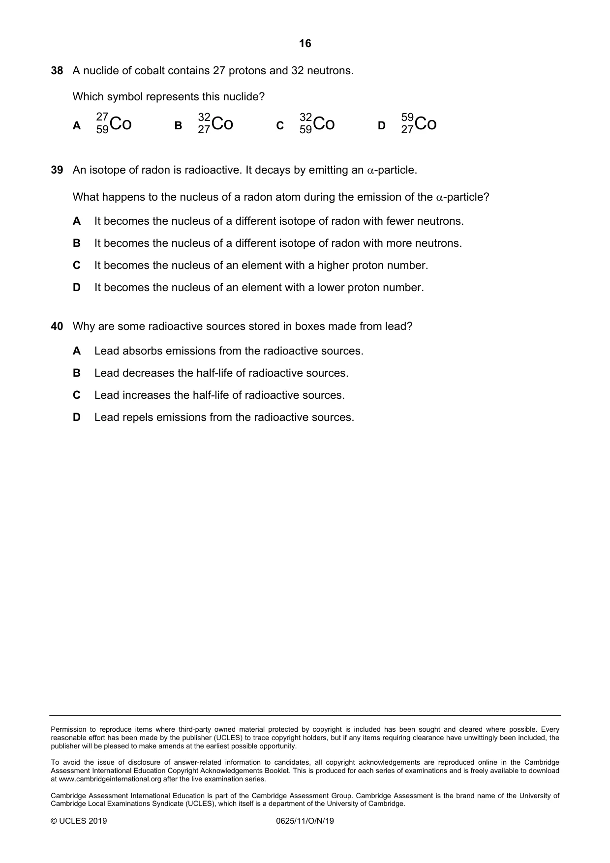 Cambridge IGCSE Physics 0625 2019 Oct/Nov Paper 1 · Variant 1 question paper, page 16 of 16