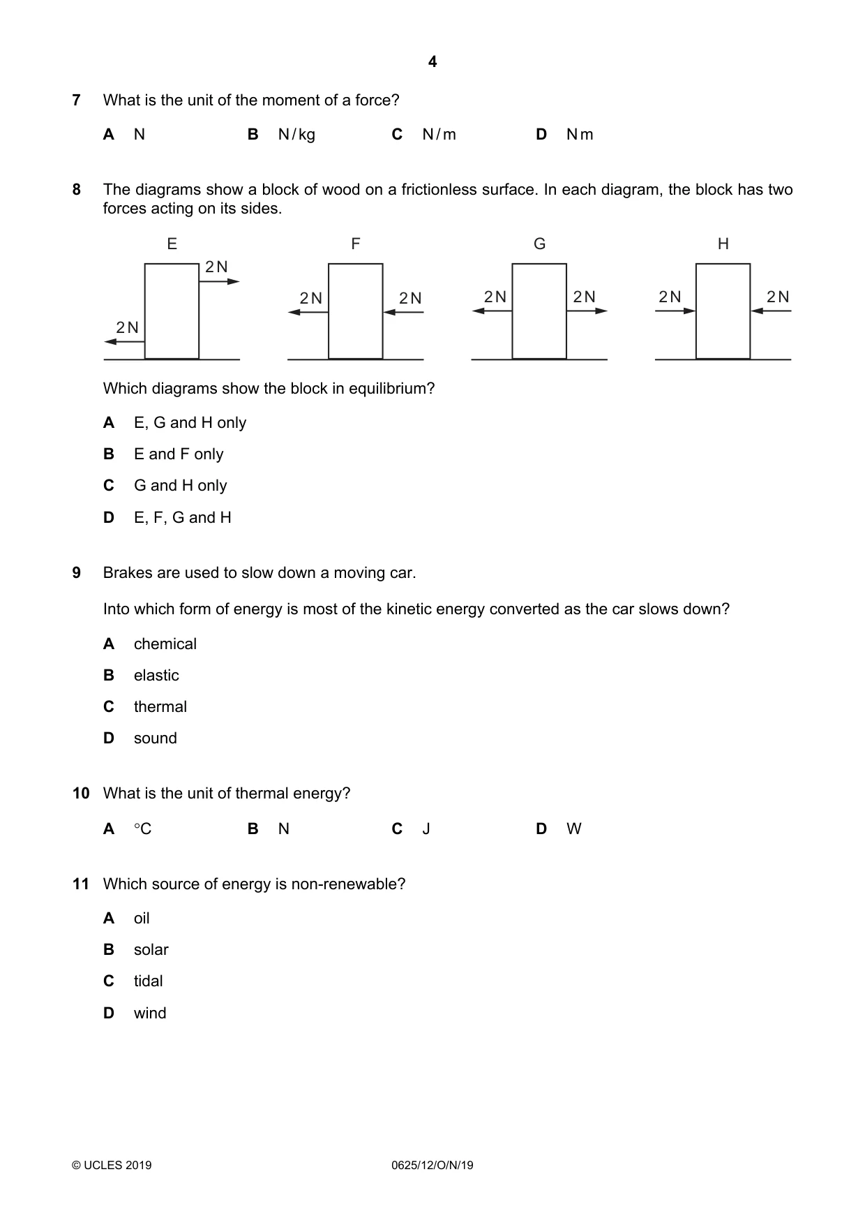 Cambridge IGCSE Physics 0625 2019 Oct/Nov Paper 1 · Variant 2 question paper, page 4 of 16