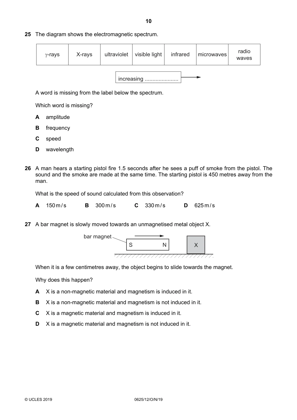 Cambridge IGCSE Physics 0625 2019 Oct/Nov Paper 1 · Variant 2 question paper, page 10 of 16