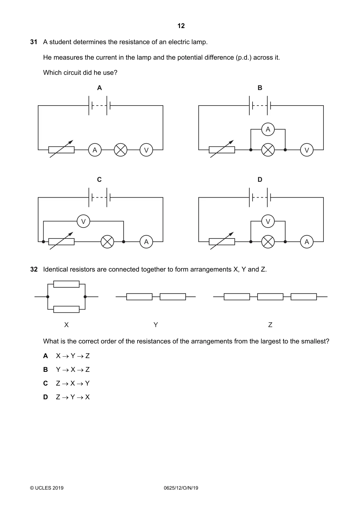 Cambridge IGCSE Physics 0625 2019 Oct/Nov Paper 1 · Variant 2 question paper, page 12 of 16