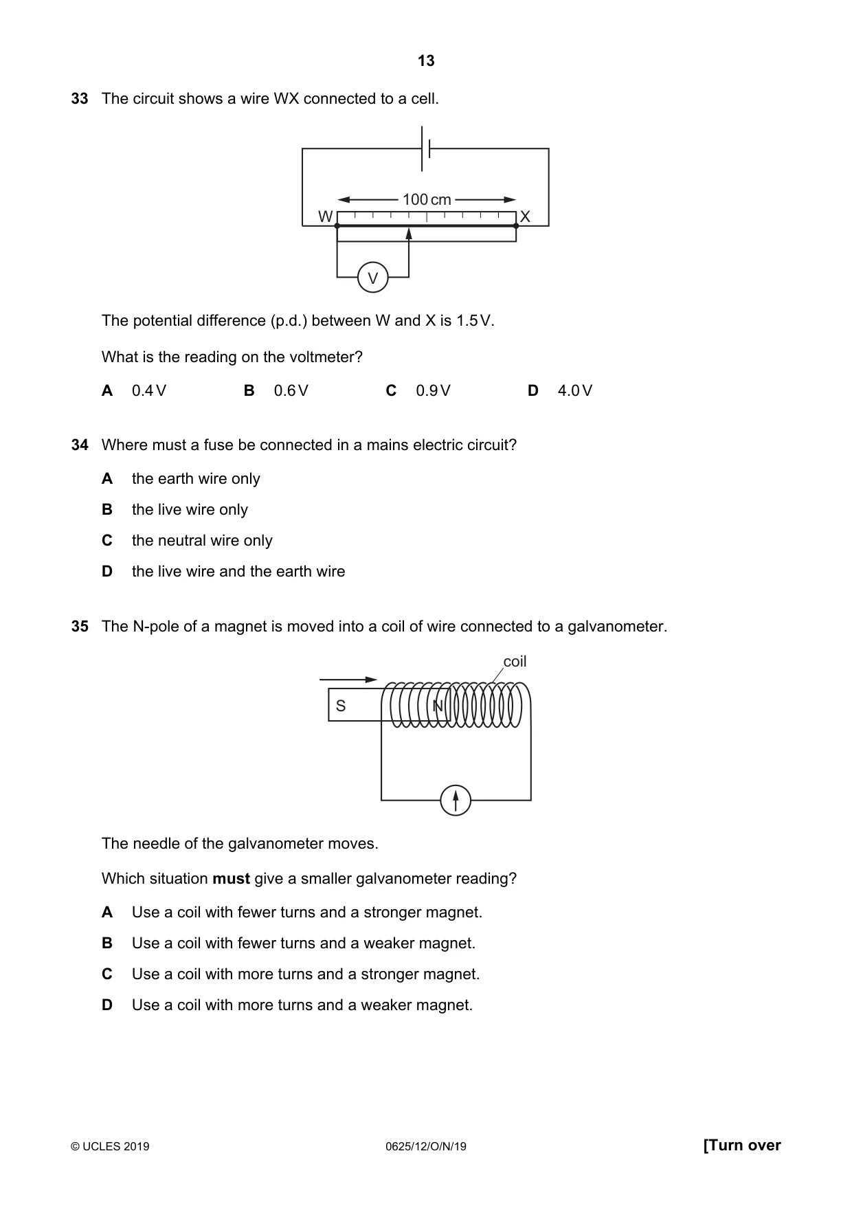 Cambridge IGCSE Physics 0625 2019 Oct/Nov Paper 1 · Variant 2 question paper, page 13 of 16