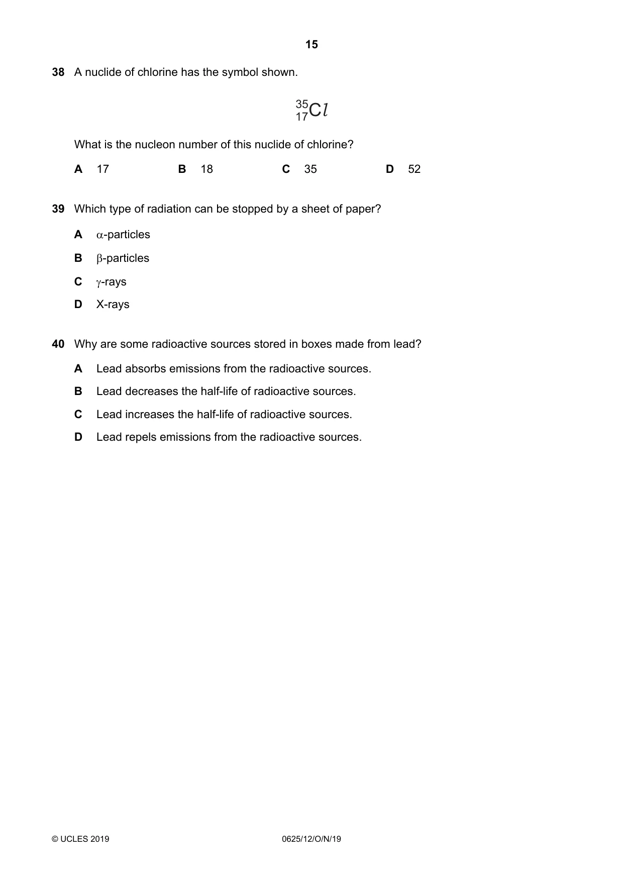 Cambridge IGCSE Physics 0625 2019 Oct/Nov Paper 1 · Variant 2 question paper, page 15 of 16