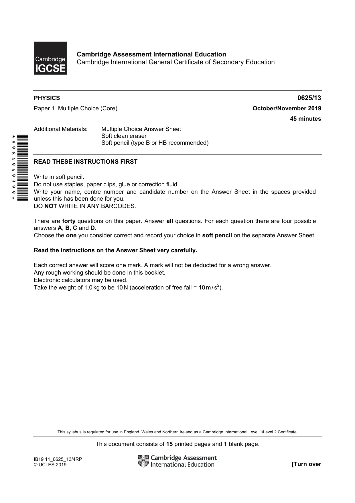 Cambridge IGCSE Physics 0625 2019 Oct/Nov Paper 1 · Variant 3 question paper, page 1 of 16