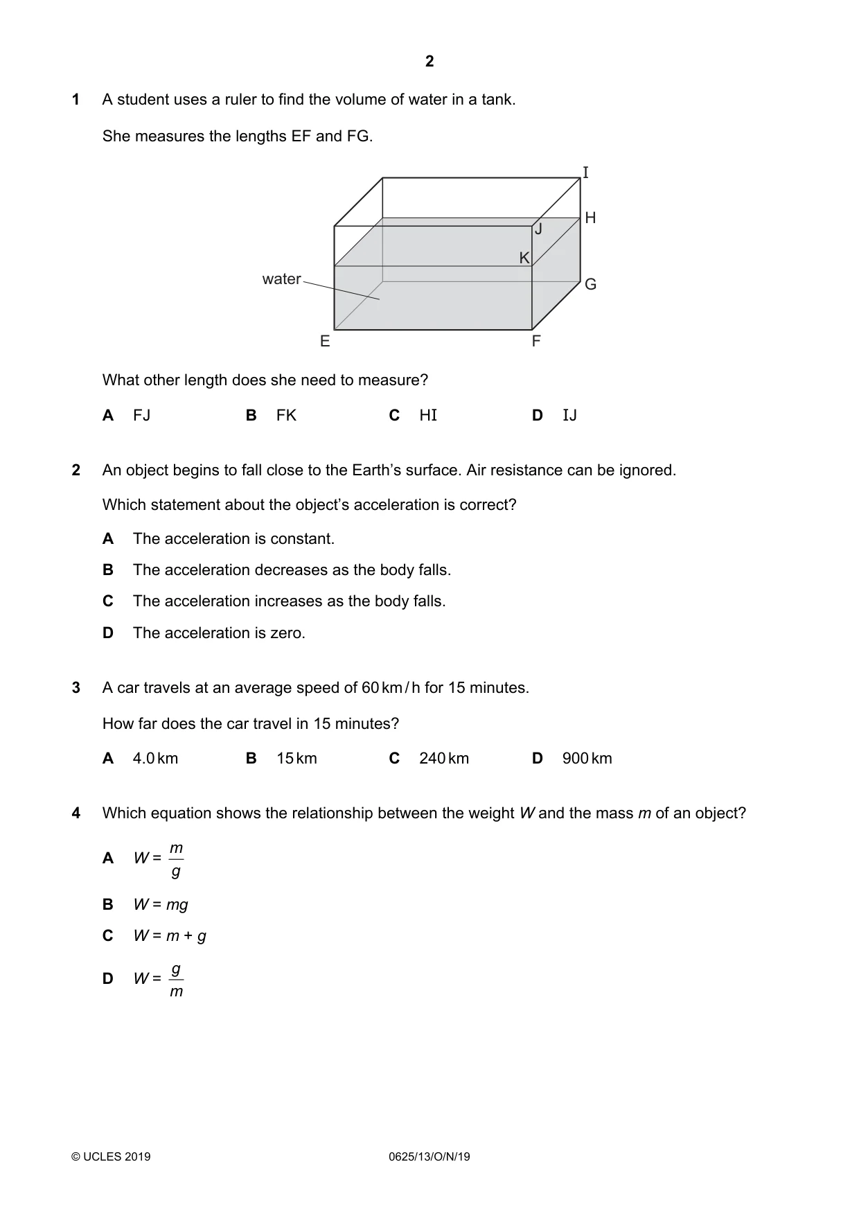 Cambridge IGCSE Physics 0625 2019 Oct/Nov Paper 1 · Variant 3 question paper, page 2 of 16