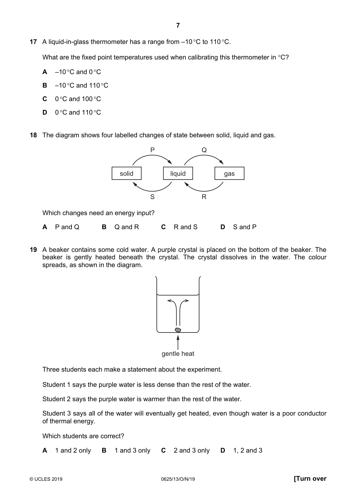 Cambridge IGCSE Physics 0625 2019 Oct/Nov Paper 1 · Variant 3 question paper, page 7 of 16