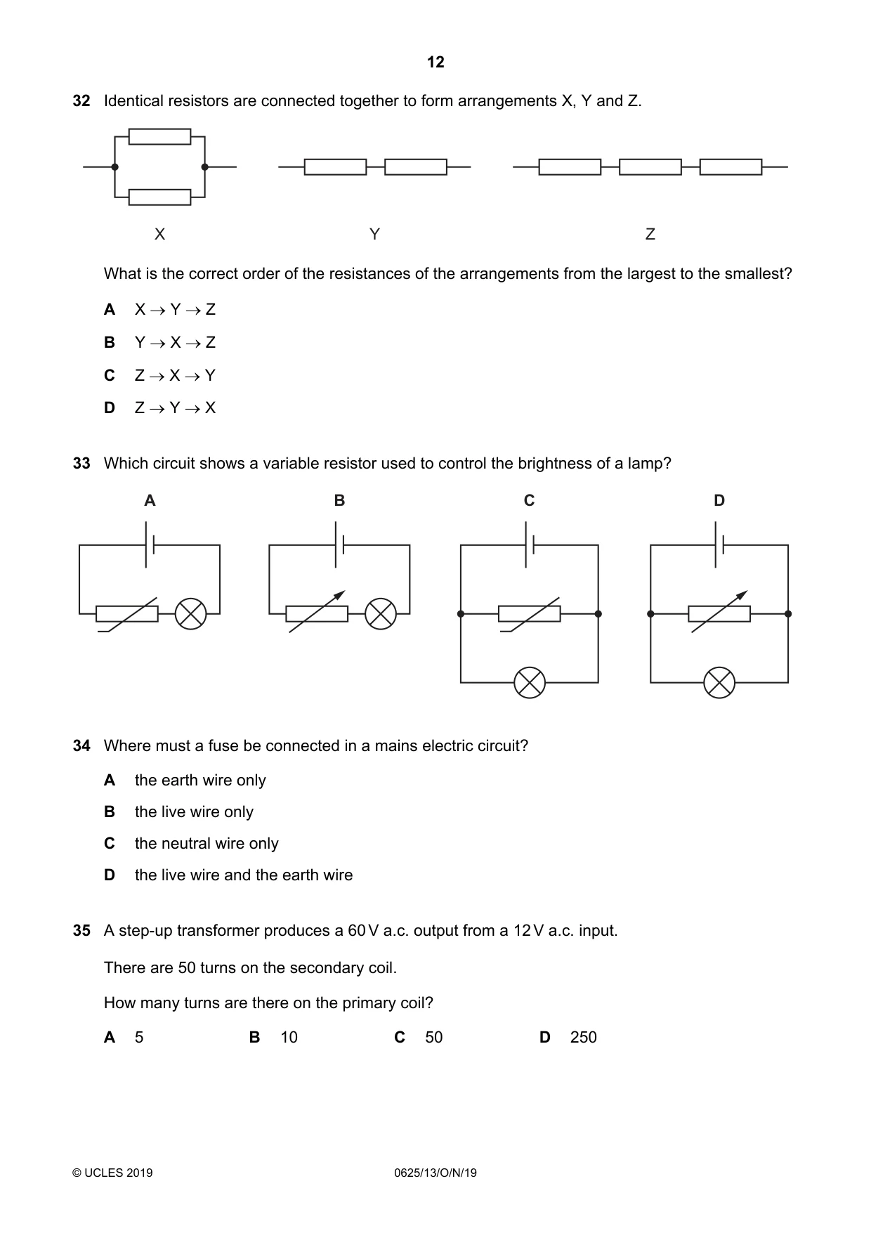 Cambridge IGCSE Physics 0625 2019 Oct/Nov Paper 1 · Variant 3 question paper, page 12 of 16
