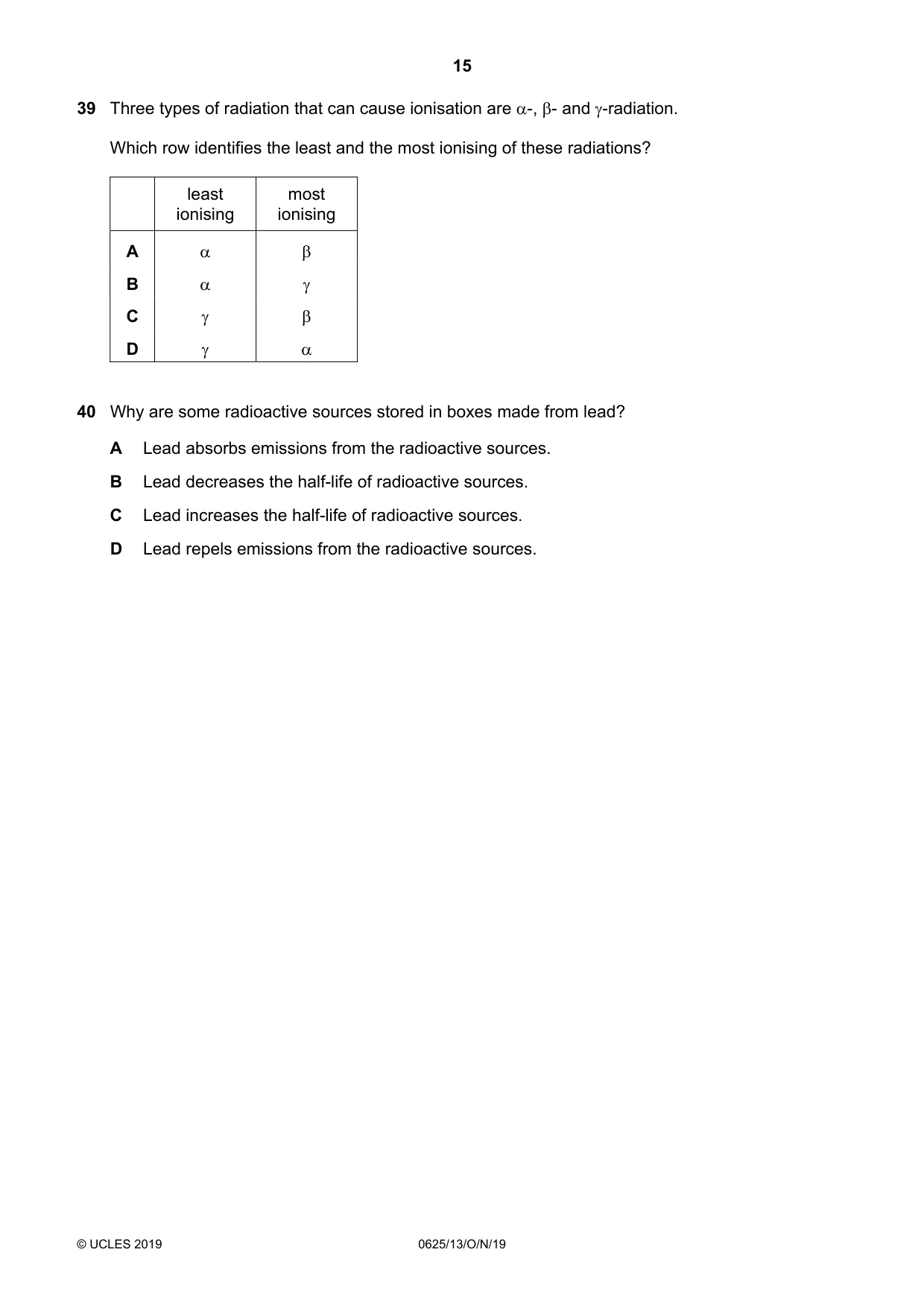 Cambridge IGCSE Physics 0625 2019 Oct/Nov Paper 1 · Variant 3 question paper, page 15 of 16