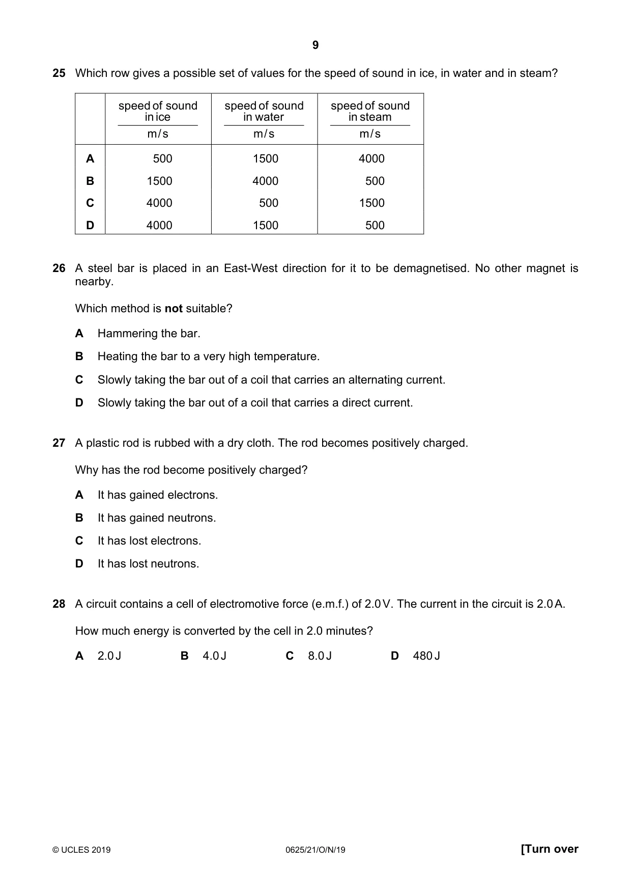 Cambridge IGCSE Physics 0625 2019 Oct/Nov Paper 2 · Variant 1 question paper, page 9 of 16