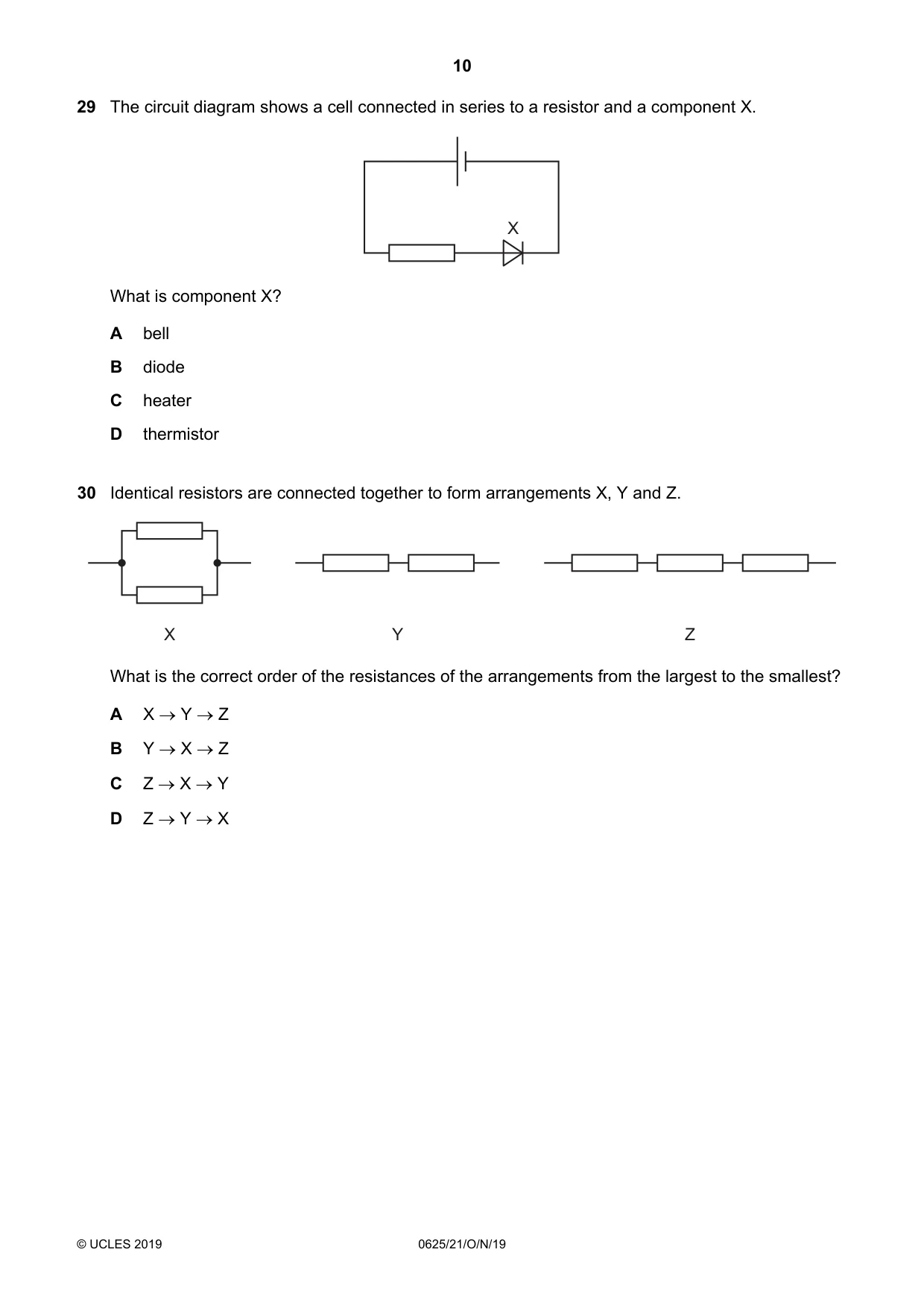 Cambridge IGCSE Physics 0625 2019 Oct/Nov Paper 2 · Variant 1 question paper, page 10 of 16