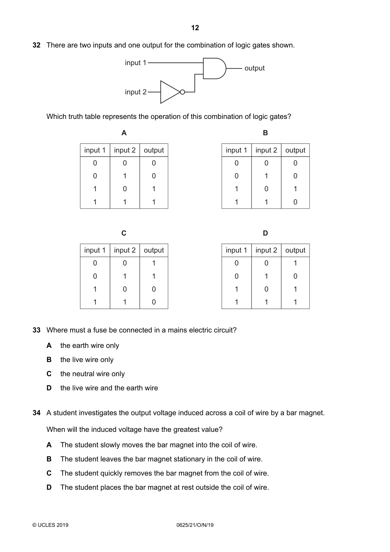 Cambridge IGCSE Physics 0625 2019 Oct/Nov Paper 2 · Variant 1 question paper, page 12 of 16