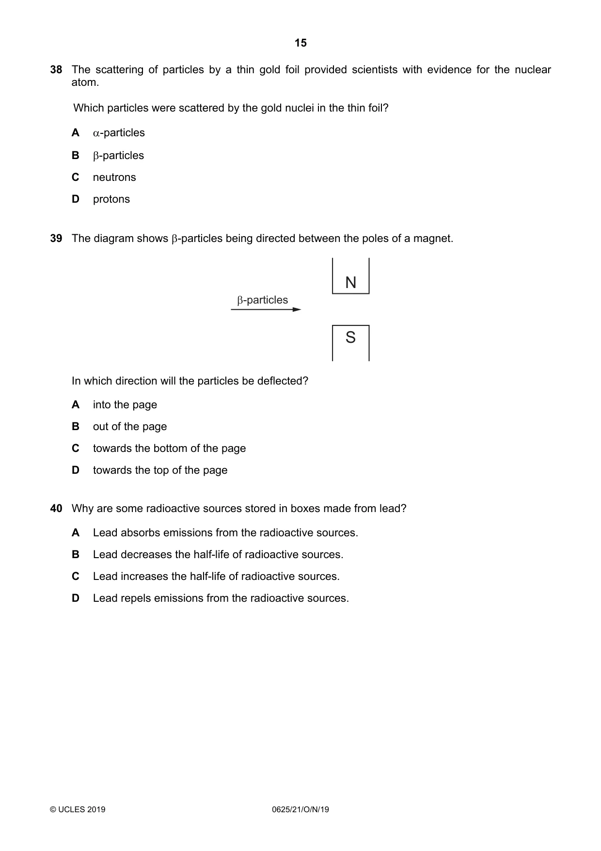 Cambridge IGCSE Physics 0625 2019 Oct/Nov Paper 2 · Variant 1 question paper, page 15 of 16