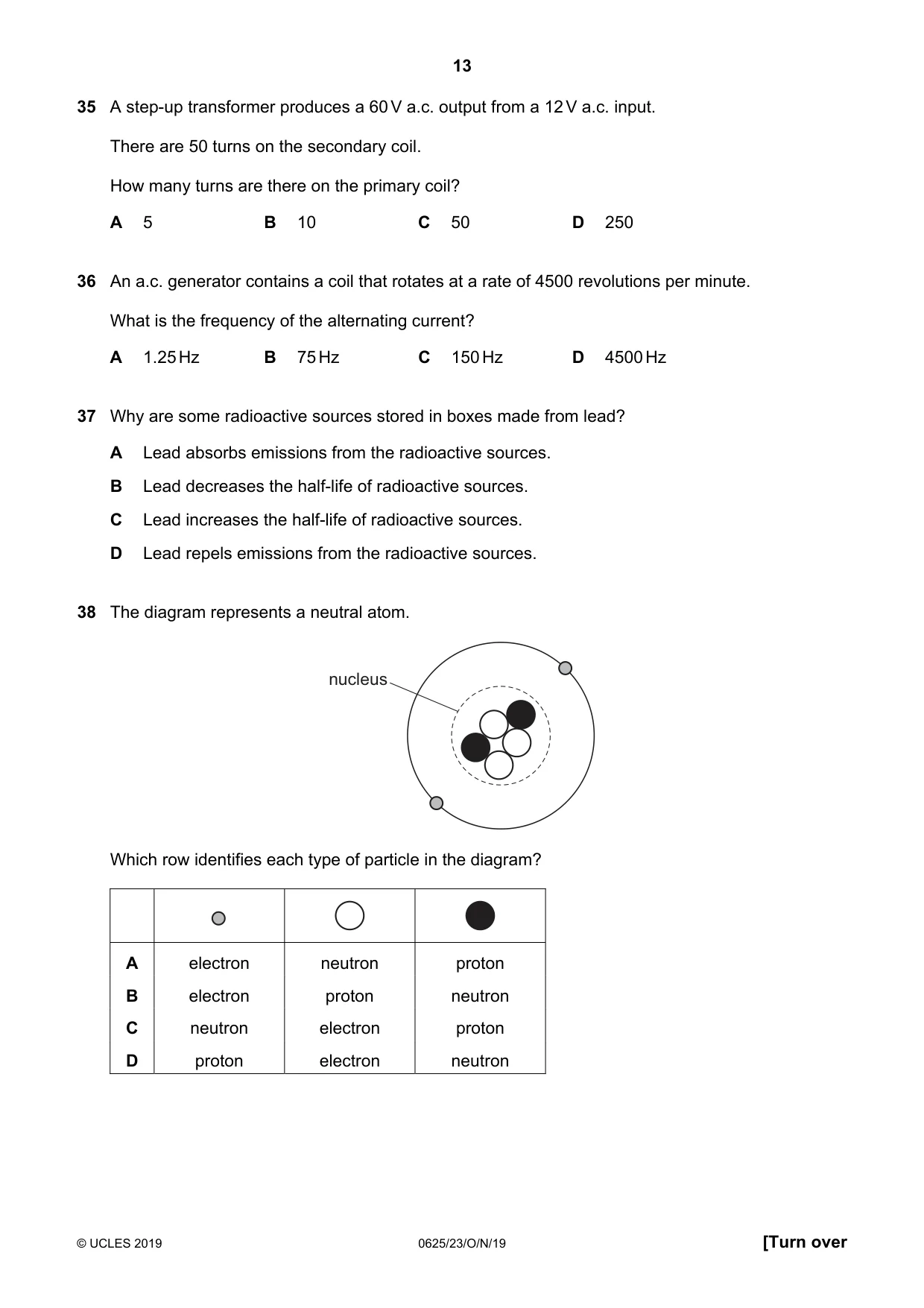 Cambridge IGCSE Physics 0625 2019 Oct/Nov Paper 2 · Variant 3 question paper, page 13 of 16