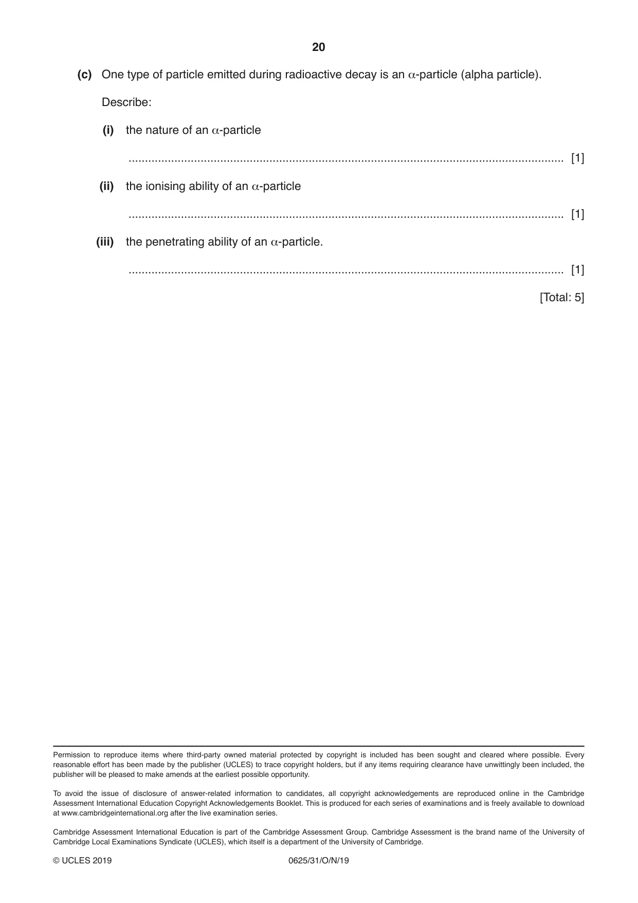 Cambridge IGCSE Physics 0625 2019 Oct/Nov Paper 3 · Variant 1 question paper, page 20 of 20