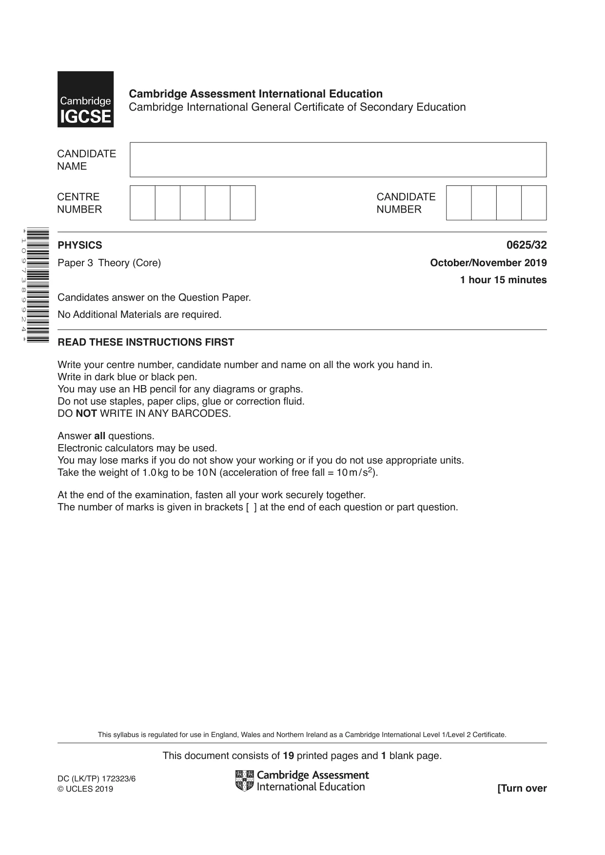Cambridge IGCSE Physics 0625 2019 Oct/Nov Paper 3 · Variant 2 question paper, page 1 of 20