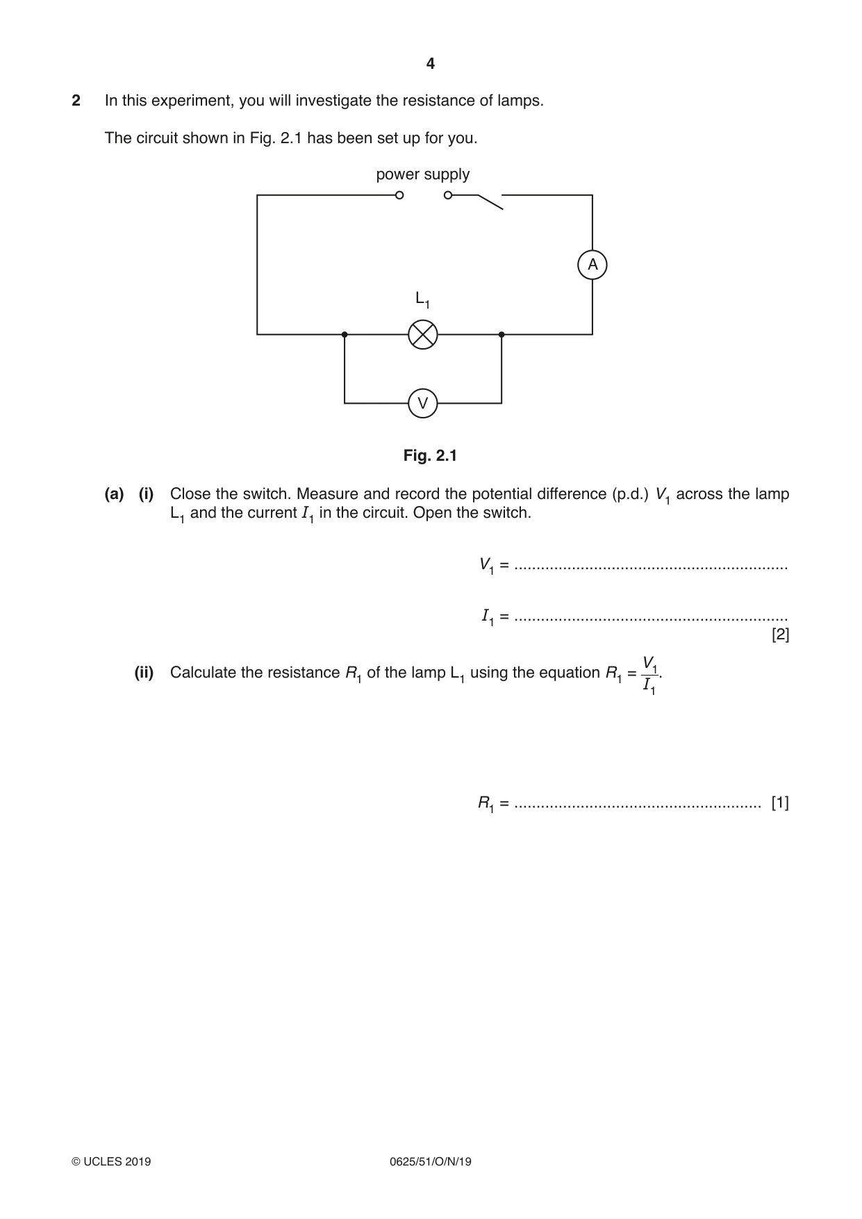 Cambridge IGCSE Physics 0625 2019 Oct/Nov Paper 5 · Variant 1 question paper, page 4 of 12