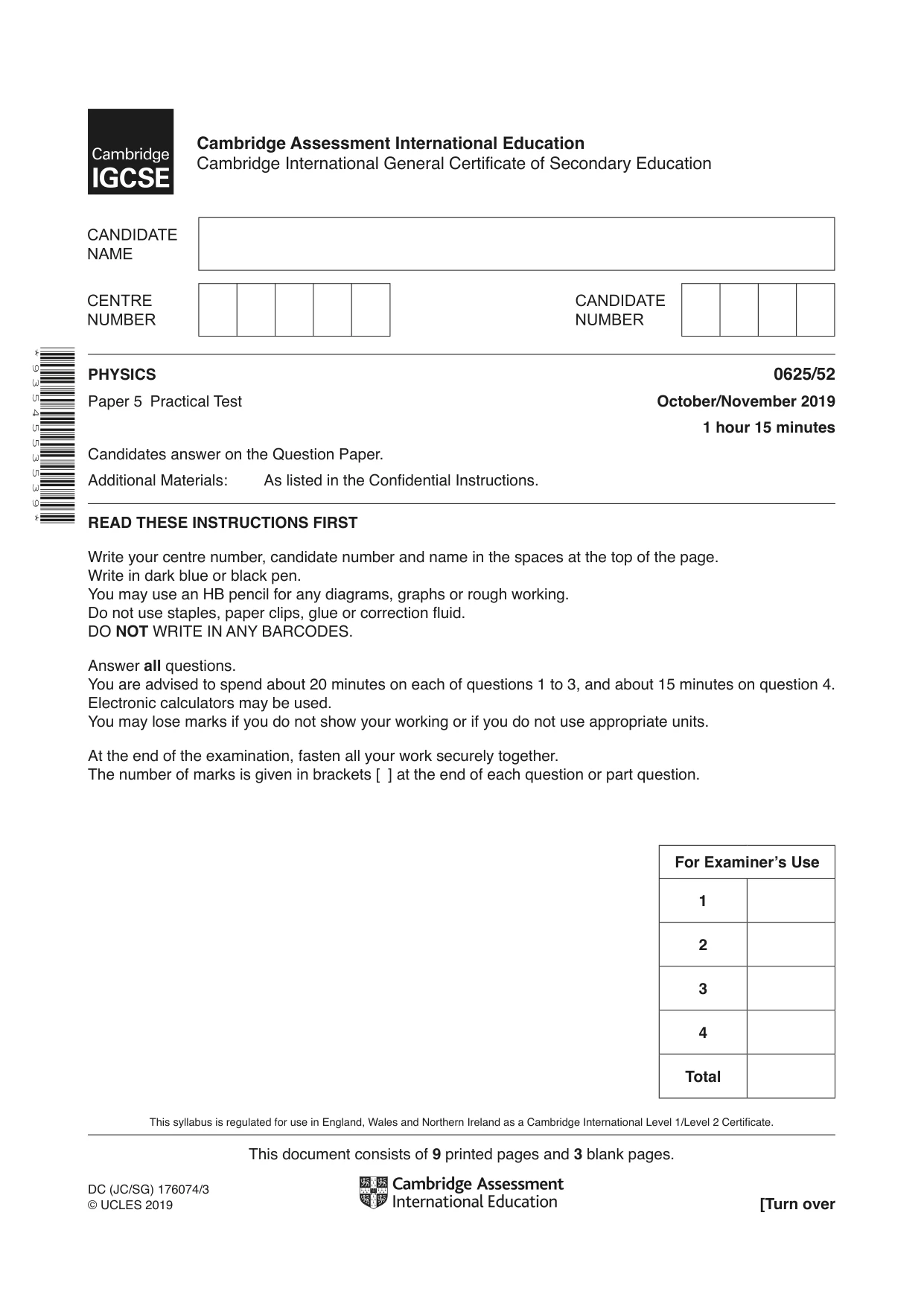 Cambridge IGCSE Physics 0625 2019 Oct/Nov Paper 5 · Variant 2 question paper, page 1 of 12