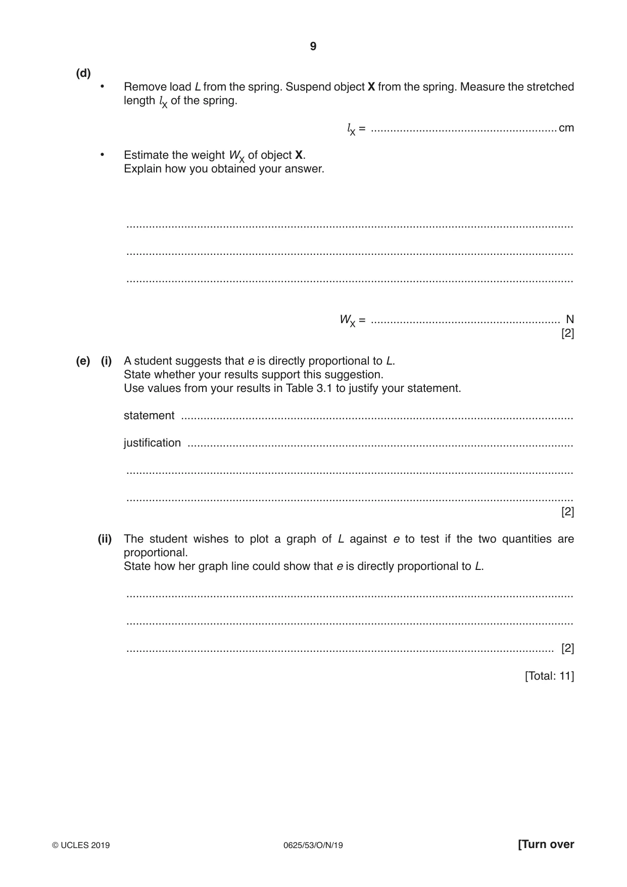 Cambridge IGCSE Physics 0625 2019 Oct/Nov Paper 5 · Variant 3 question paper, page 9 of 12
