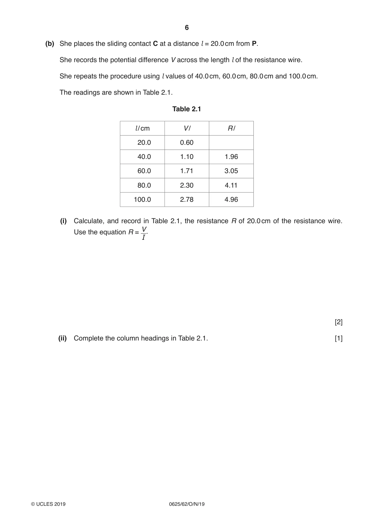 Cambridge IGCSE Physics 0625 2019 Oct/Nov Paper 6 · Variant 2 question paper, page 6 of 12