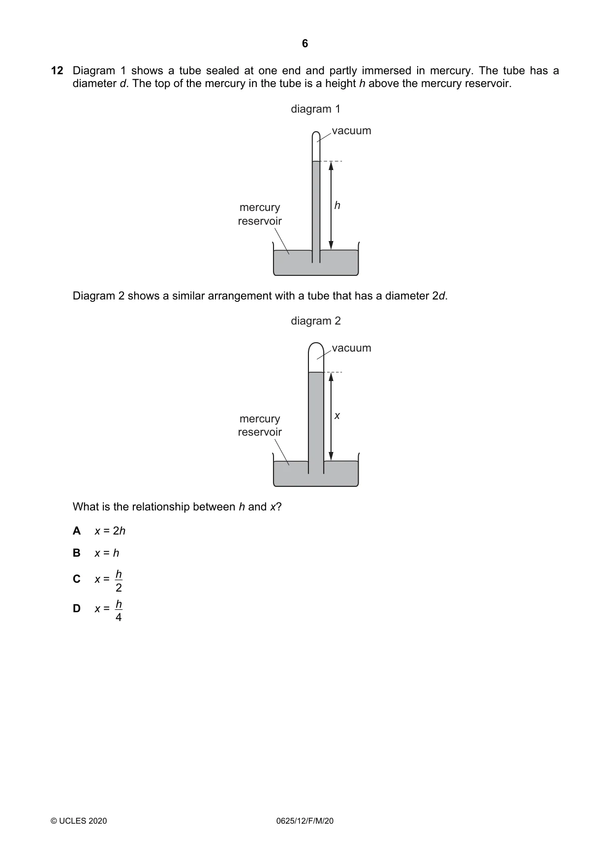 Cambridge IGCSE Physics 0625 2020 Feb/March Paper 1 · Variant 2 question paper, page 6 of 20