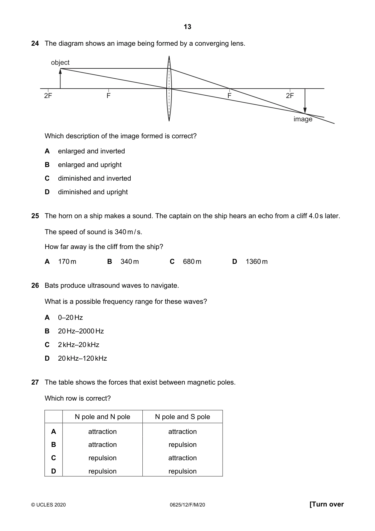Cambridge IGCSE Physics 0625 2020 Feb/March Paper 1 · Variant 2 question paper, page 13 of 20