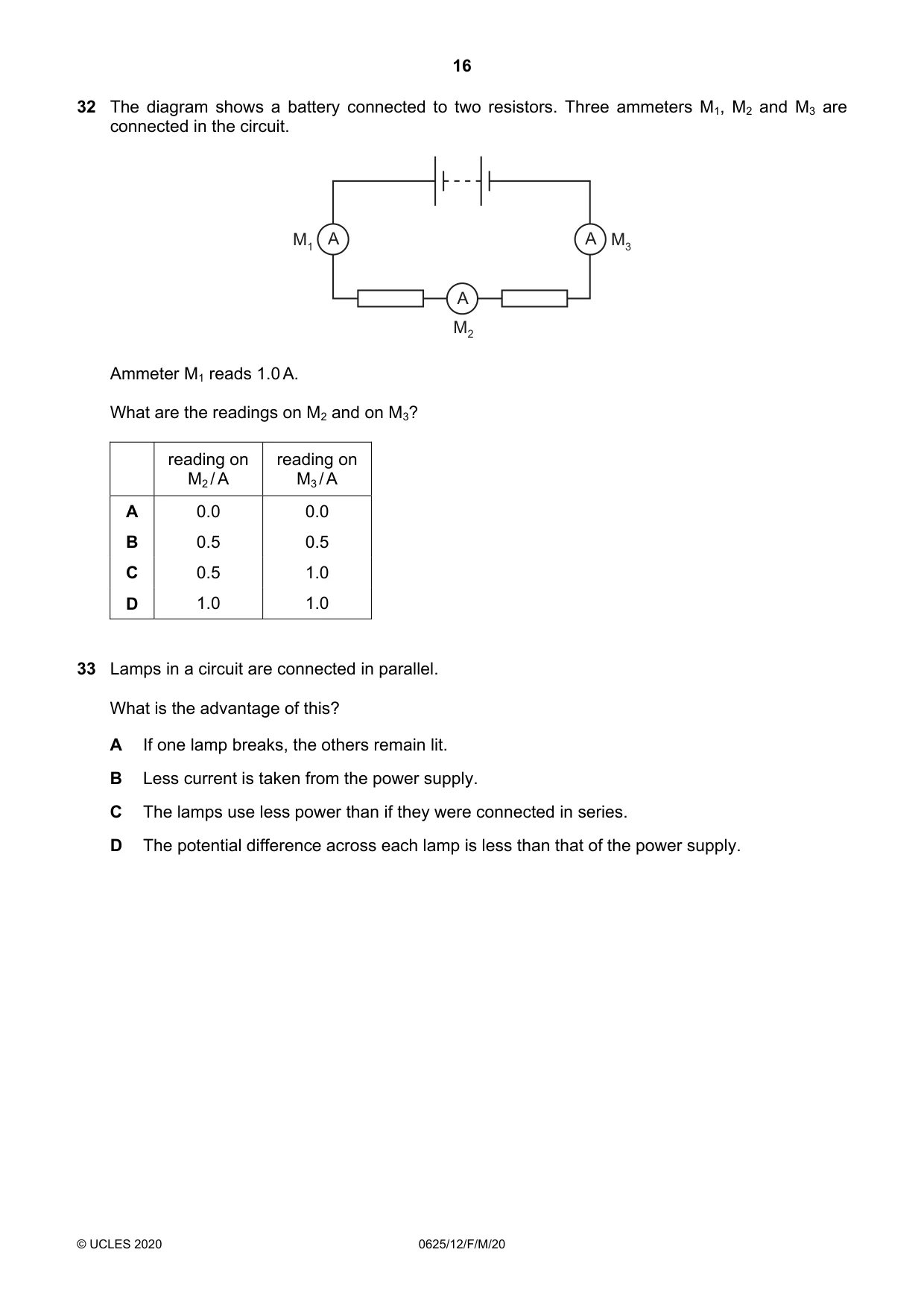 Cambridge IGCSE Physics 0625 2020 Feb/March Paper 1 · Variant 2 question paper, page 16 of 20