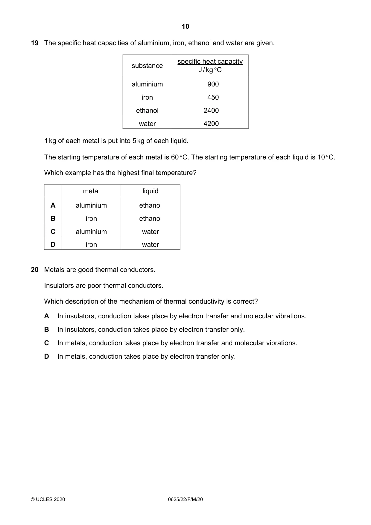 Cambridge IGCSE Physics 0625 2020 Feb/March Paper 2 · Variant 2 question paper, page 10 of 20