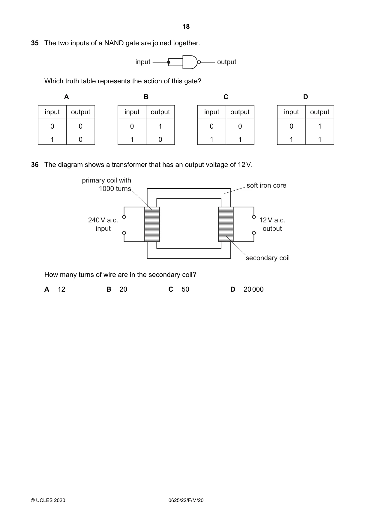 Cambridge IGCSE Physics 0625 2020 Feb/March Paper 2 · Variant 2 question paper, page 18 of 20