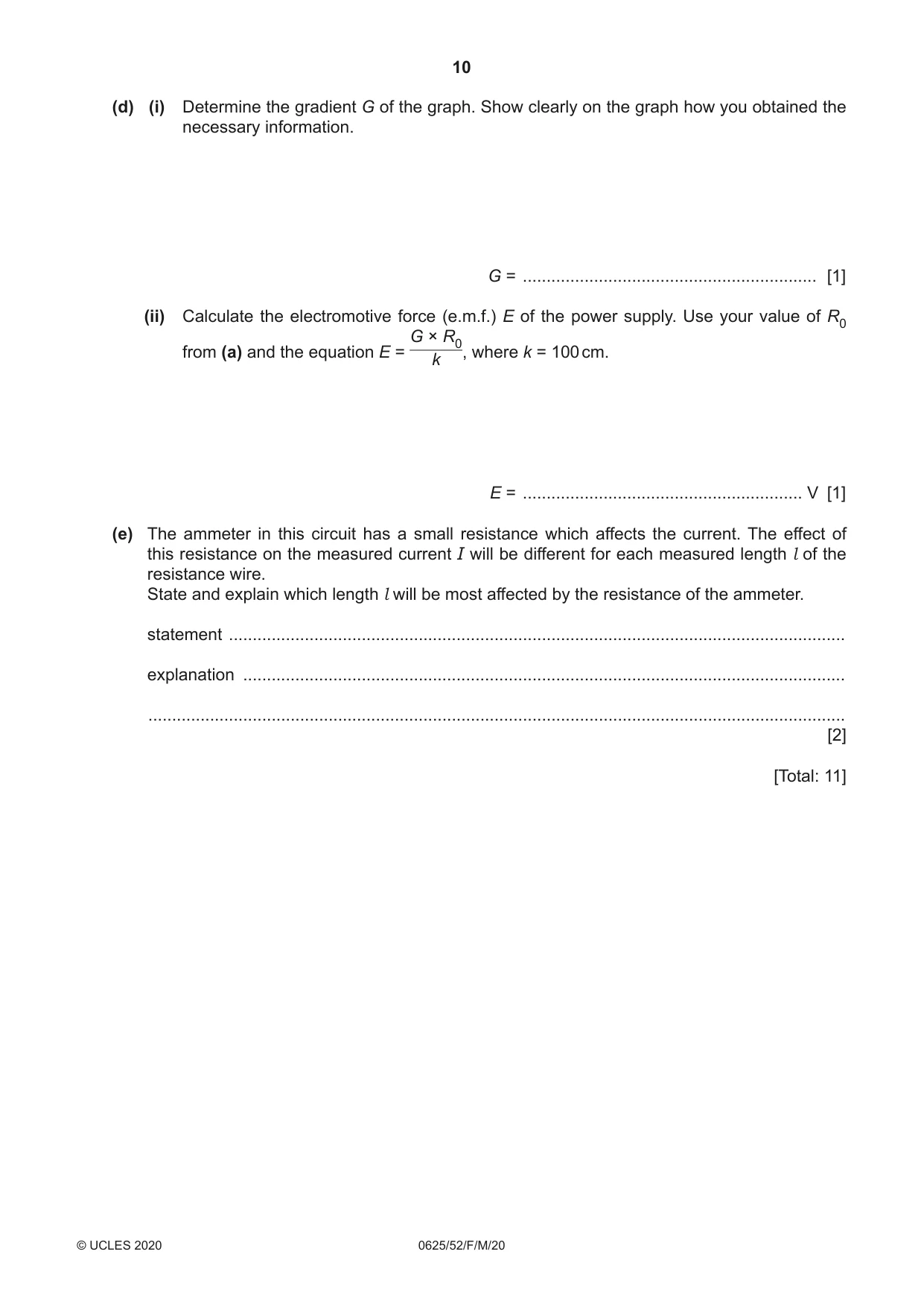 Cambridge IGCSE Physics 0625 2020 Feb/March Paper 5 · Variant 2 question paper, page 10 of 12
