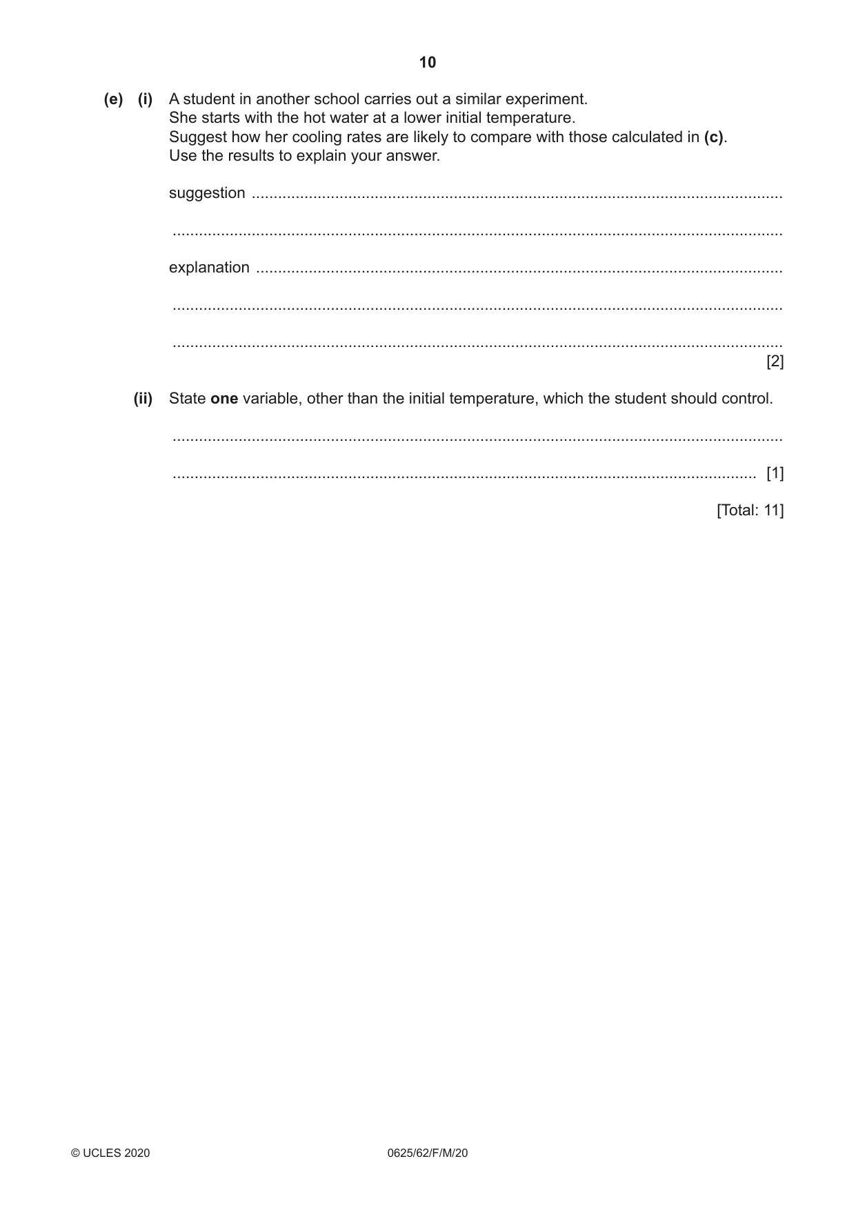 Cambridge IGCSE Physics 0625 2020 Feb/March Paper 6 · Variant 2 question paper, page 10 of 16