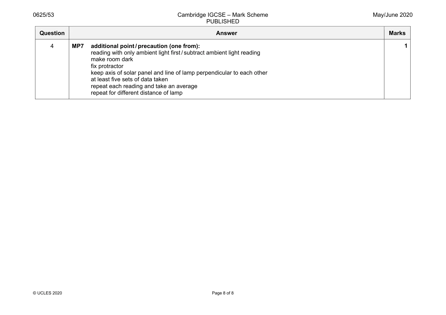 Mark scheme, page 8 of 8