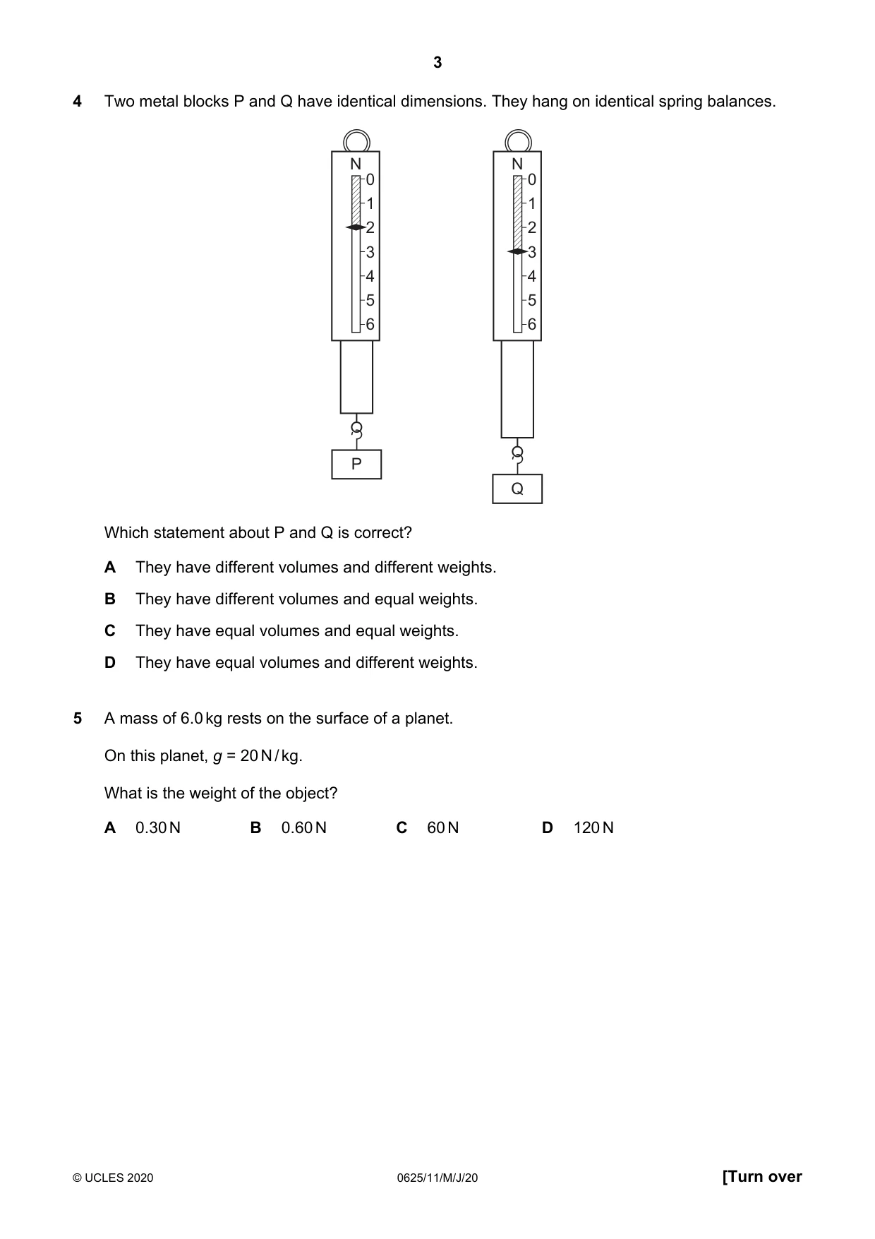 Cambridge IGCSE Physics 0625 2020 May/June Paper 1 · Variant 1 question paper, page 3 of 20
