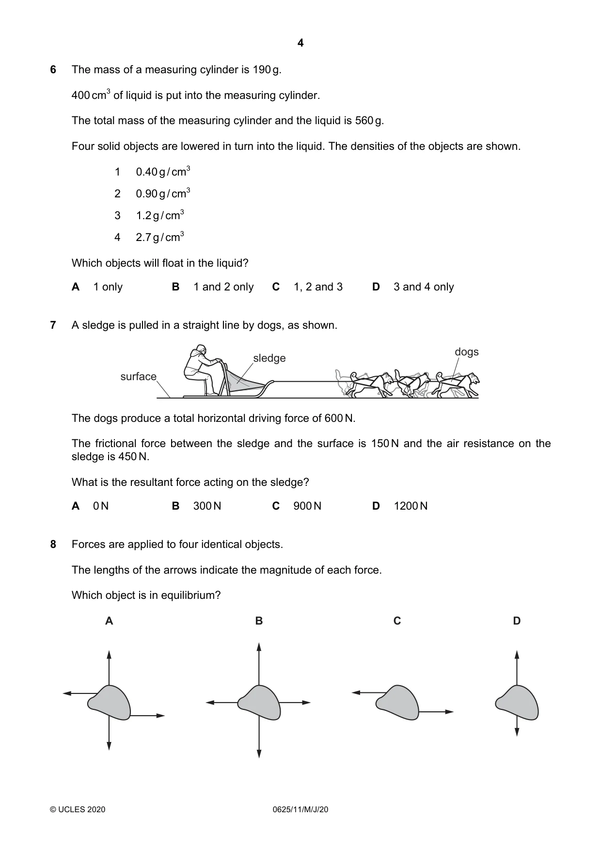 Cambridge IGCSE Physics 0625 2020 May/June Paper 1 · Variant 1 question paper, page 4 of 20