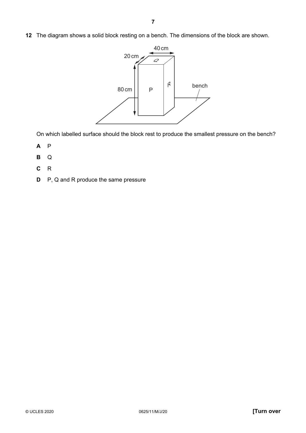 Cambridge IGCSE Physics 0625 2020 May/June Paper 1 · Variant 1 question paper, page 7 of 20