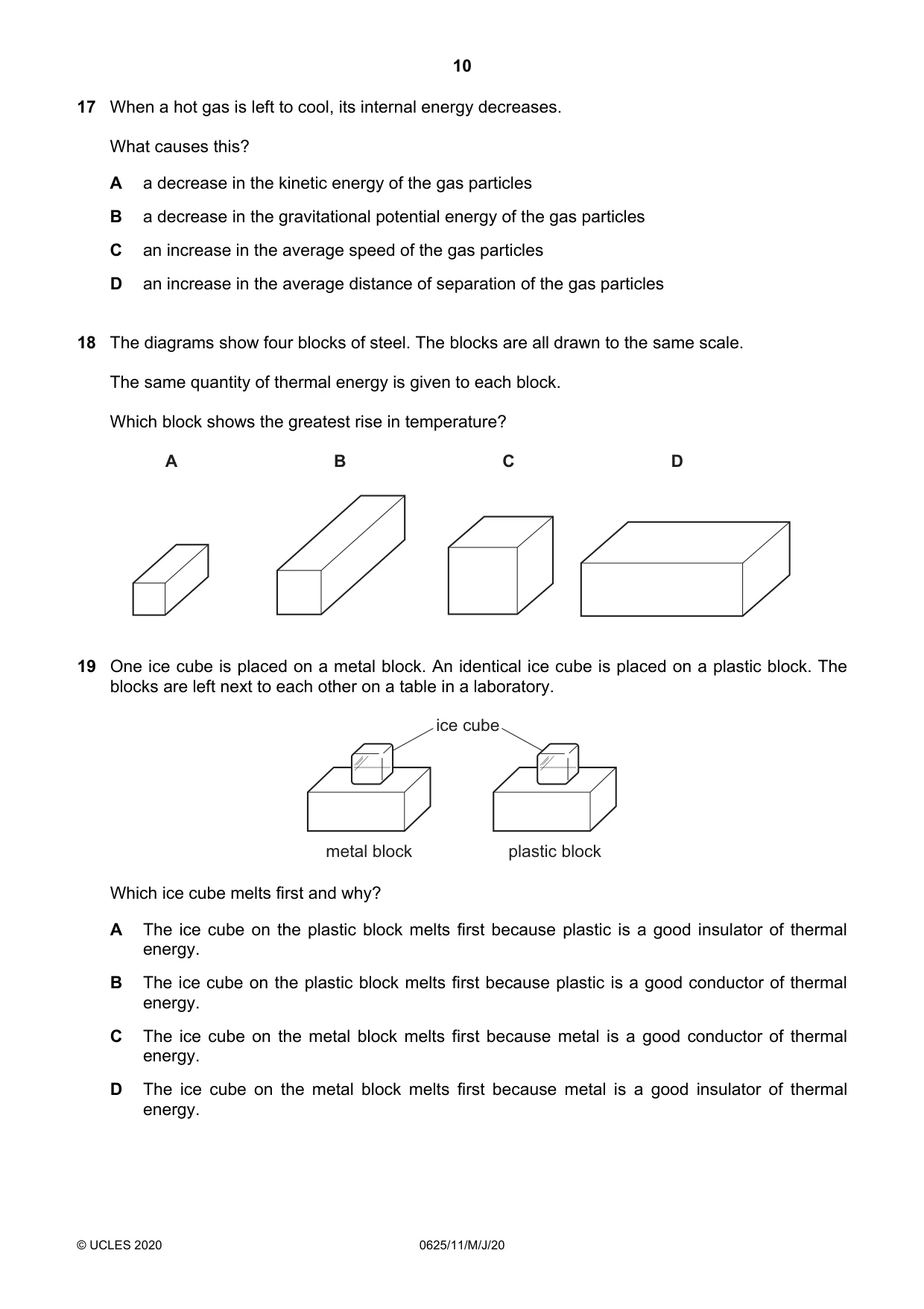 Cambridge IGCSE Physics 0625 2020 May/June Paper 1 · Variant 1 question paper, page 10 of 20