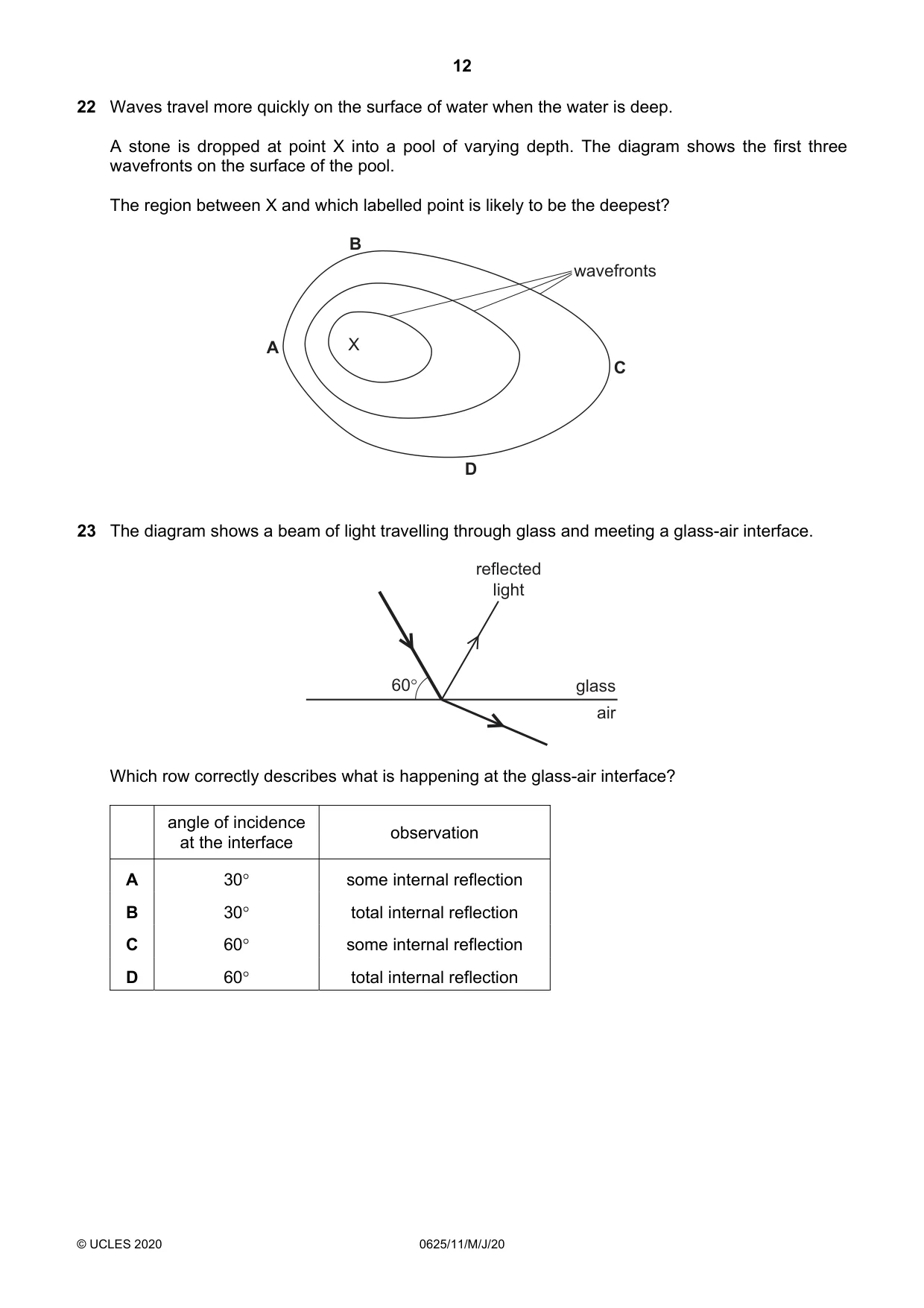 Cambridge IGCSE Physics 0625 2020 May/June Paper 1 · Variant 1 question paper, page 12 of 20