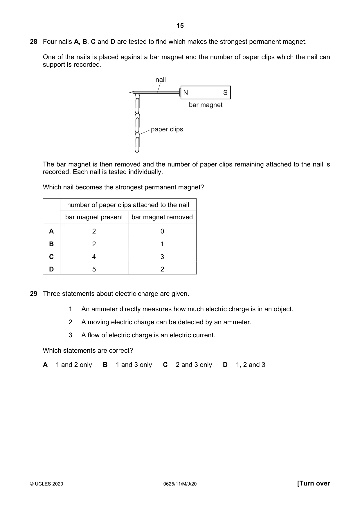Cambridge IGCSE Physics 0625 2020 May/June Paper 1 · Variant 1 question paper, page 15 of 20