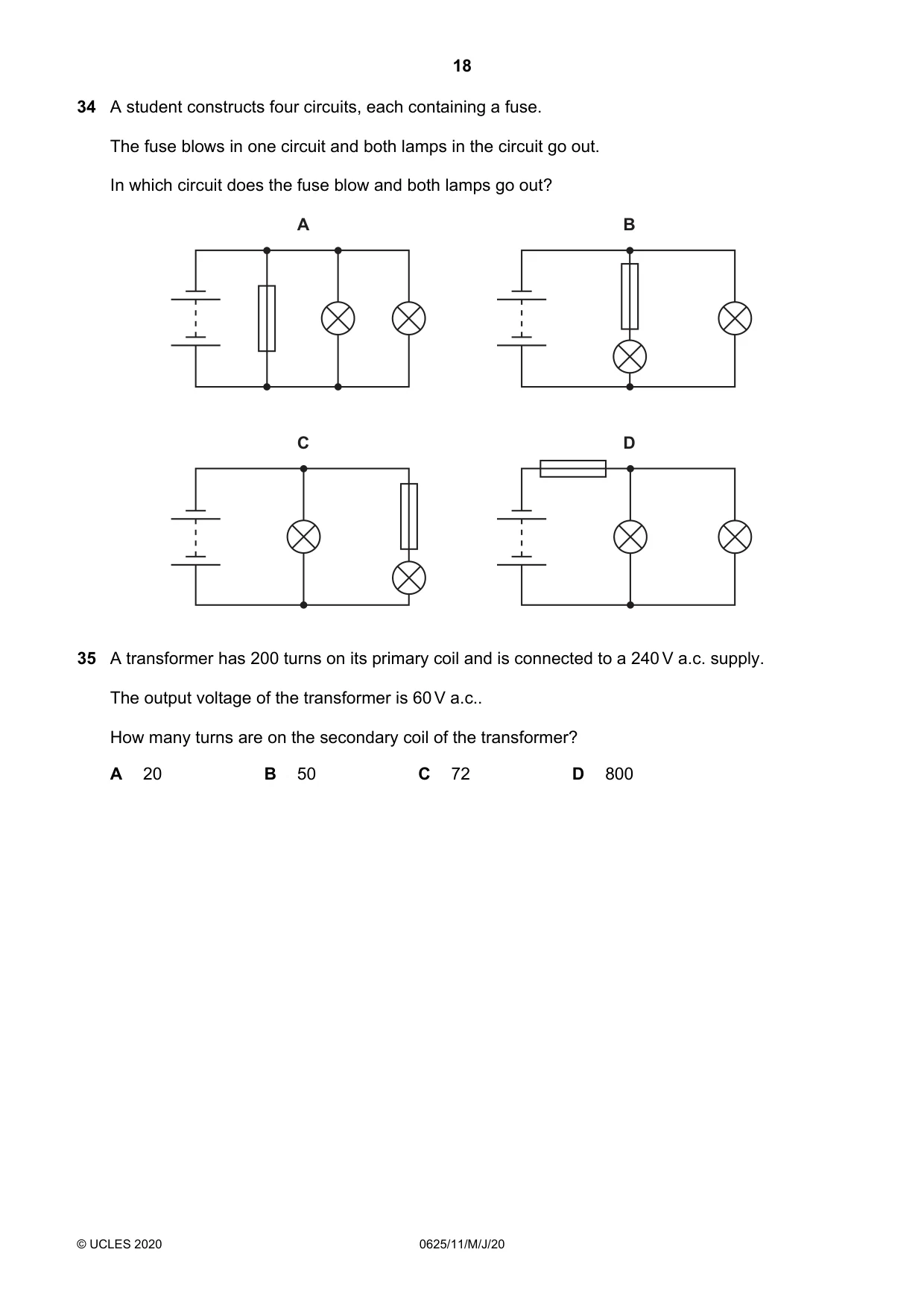 Cambridge IGCSE Physics 0625 2020 May/June Paper 1 · Variant 1 question paper, page 18 of 20