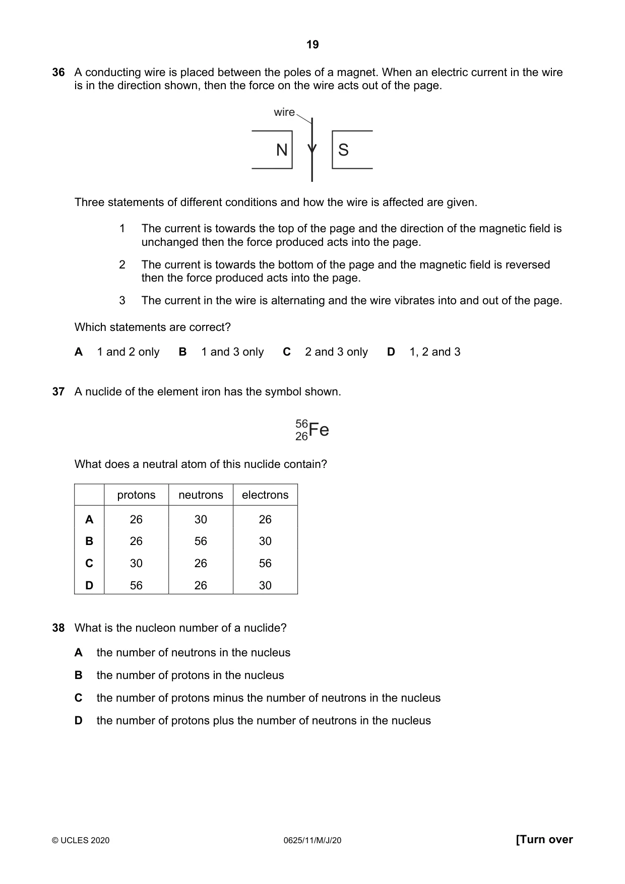 Cambridge IGCSE Physics 0625 2020 May/June Paper 1 · Variant 1 question paper, page 19 of 20