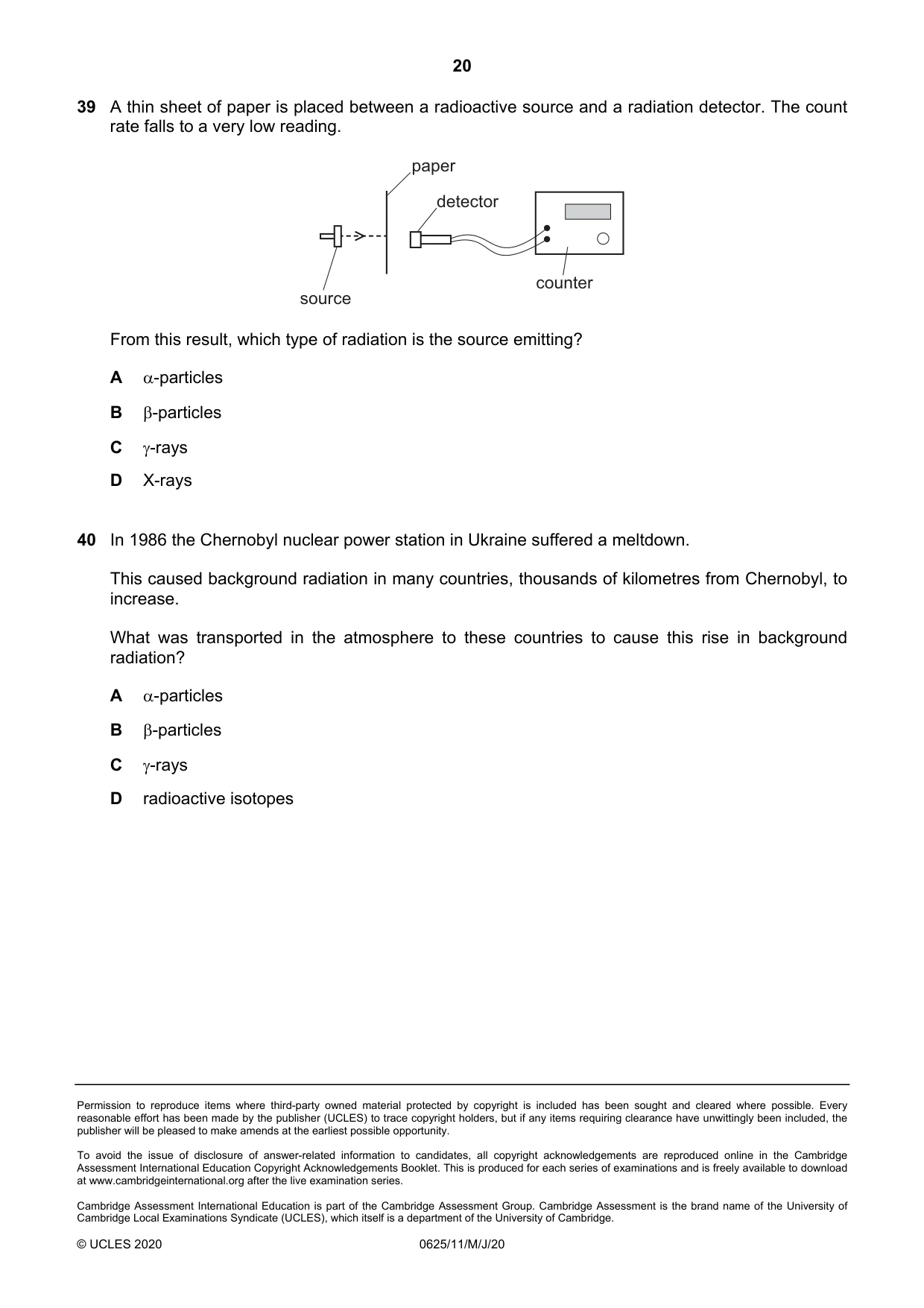 Cambridge IGCSE Physics 0625 2020 May/June Paper 1 · Variant 1 question paper, page 20 of 20