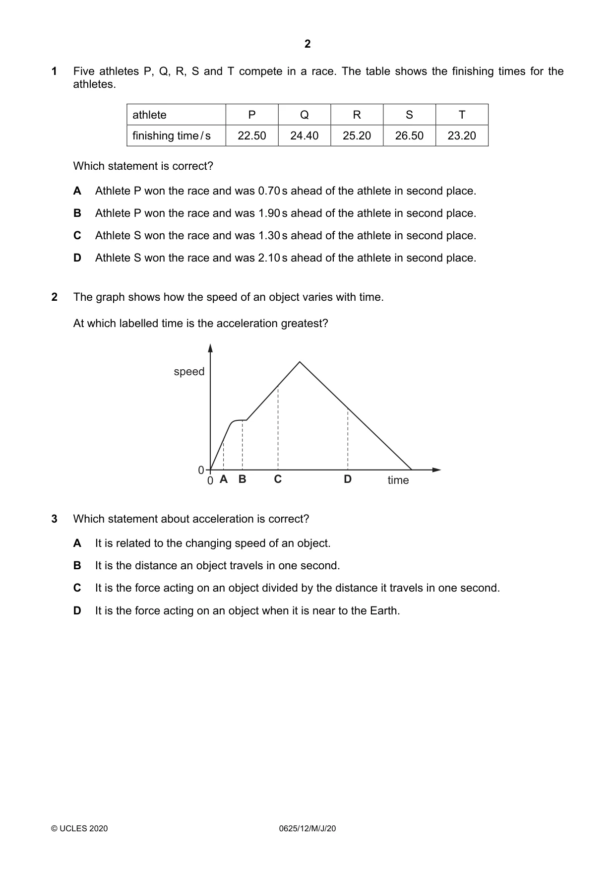 Cambridge IGCSE Physics 0625 2020 May/June Paper 1 · Variant 2 question paper, page 2 of 20