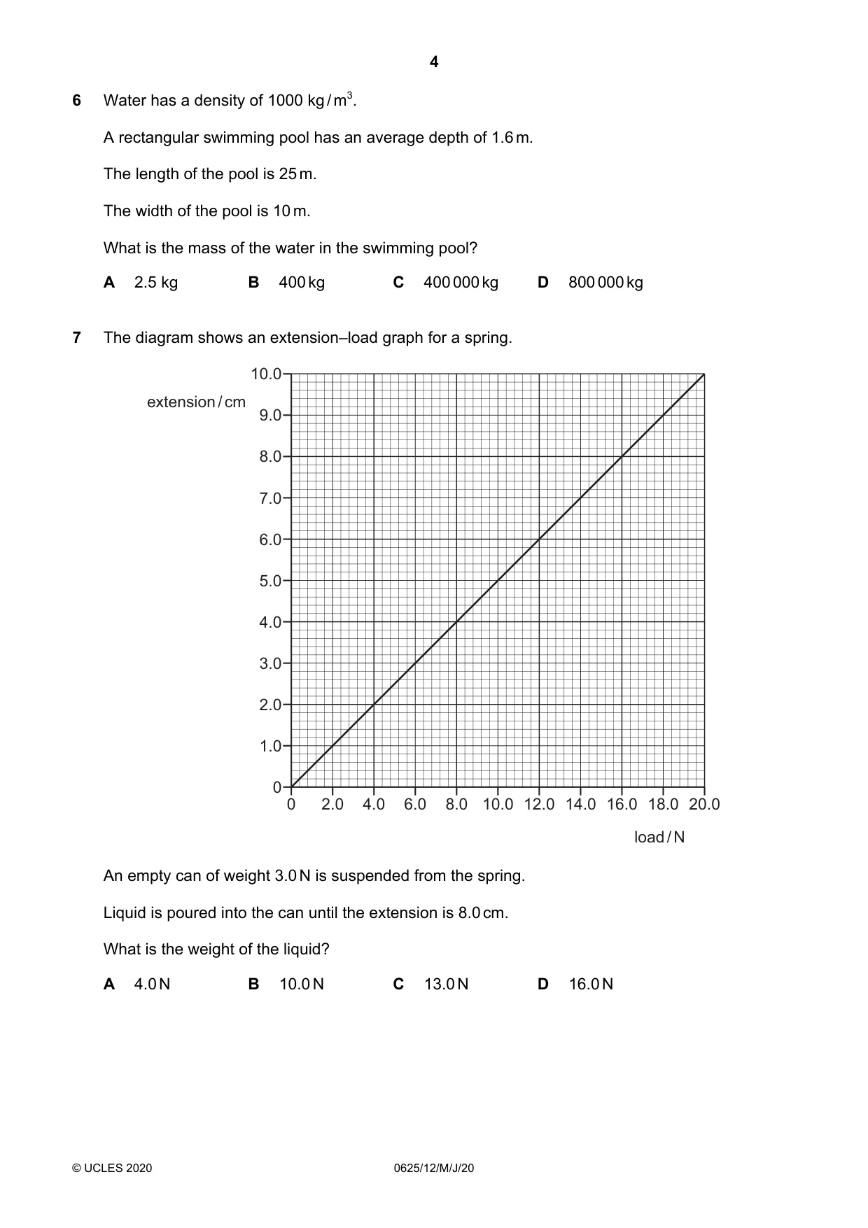 Cambridge IGCSE Physics 0625 2020 May/June Paper 1 · Variant 2 question paper, page 4 of 20