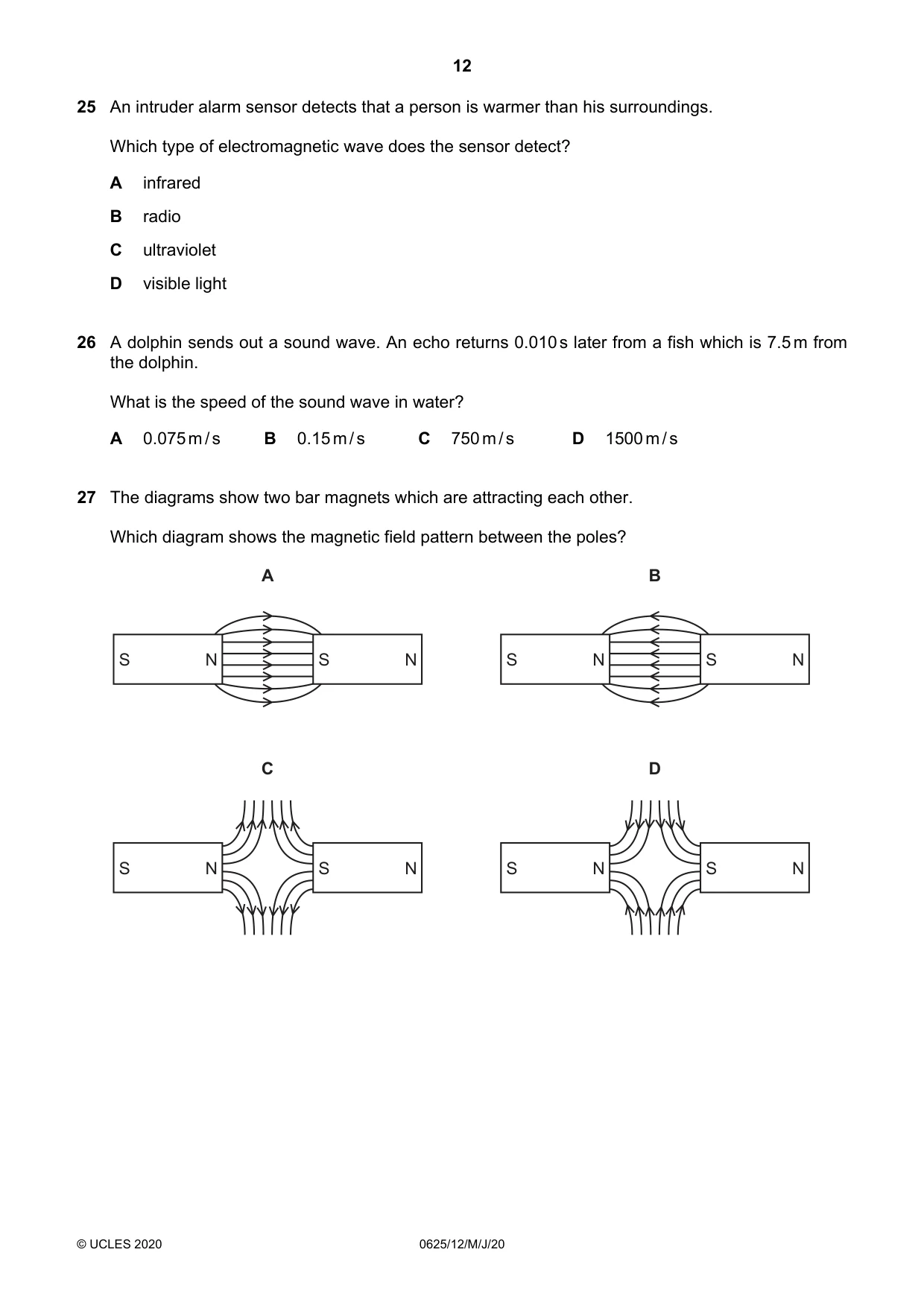 Cambridge IGCSE Physics 0625 2020 May/June Paper 1 · Variant 2 question paper, page 12 of 20