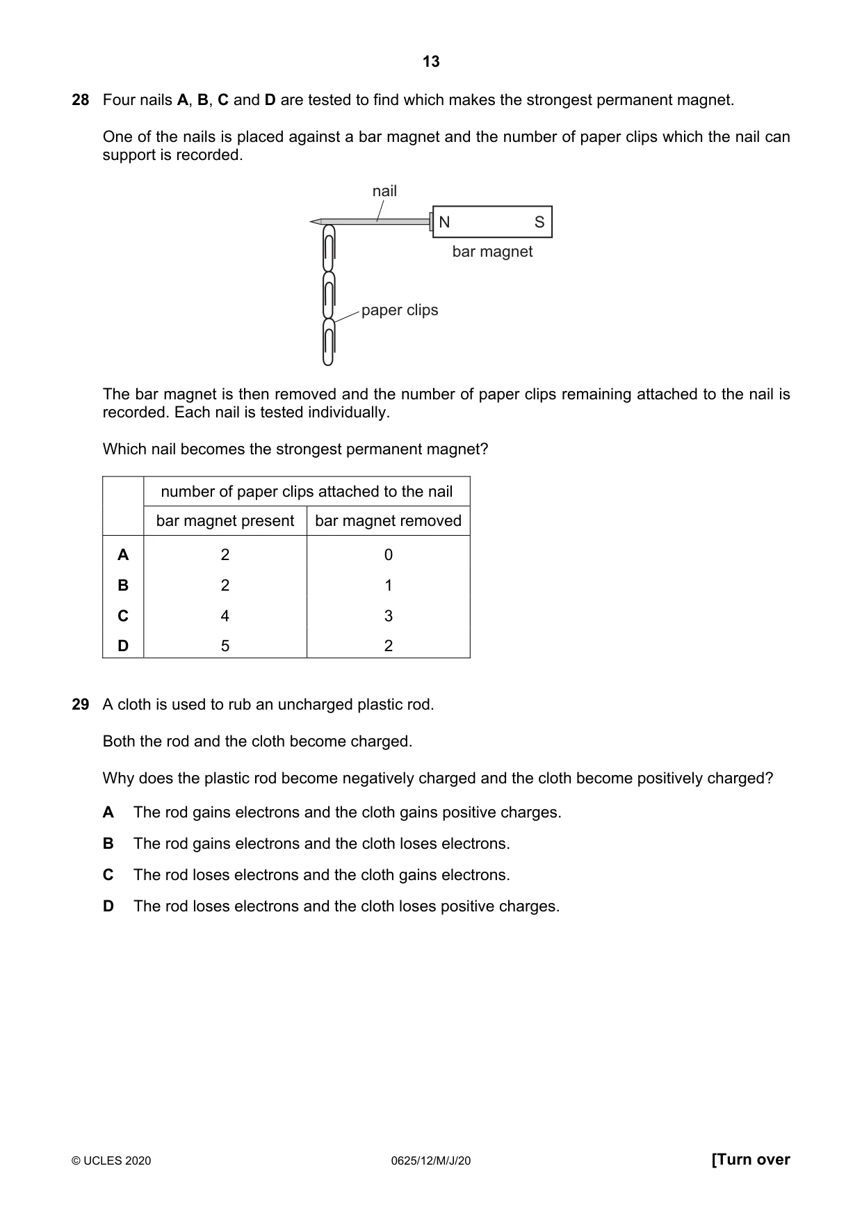 Cambridge IGCSE Physics 0625 2020 May/June Paper 1 · Variant 2 question paper, page 13 of 20