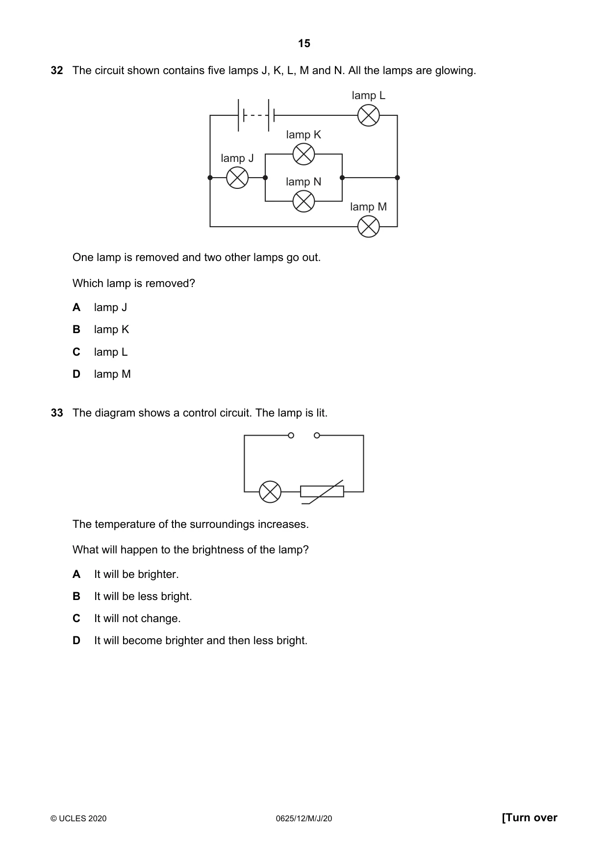 Cambridge IGCSE Physics 0625 2020 May/June Paper 1 · Variant 2 question paper, page 15 of 20