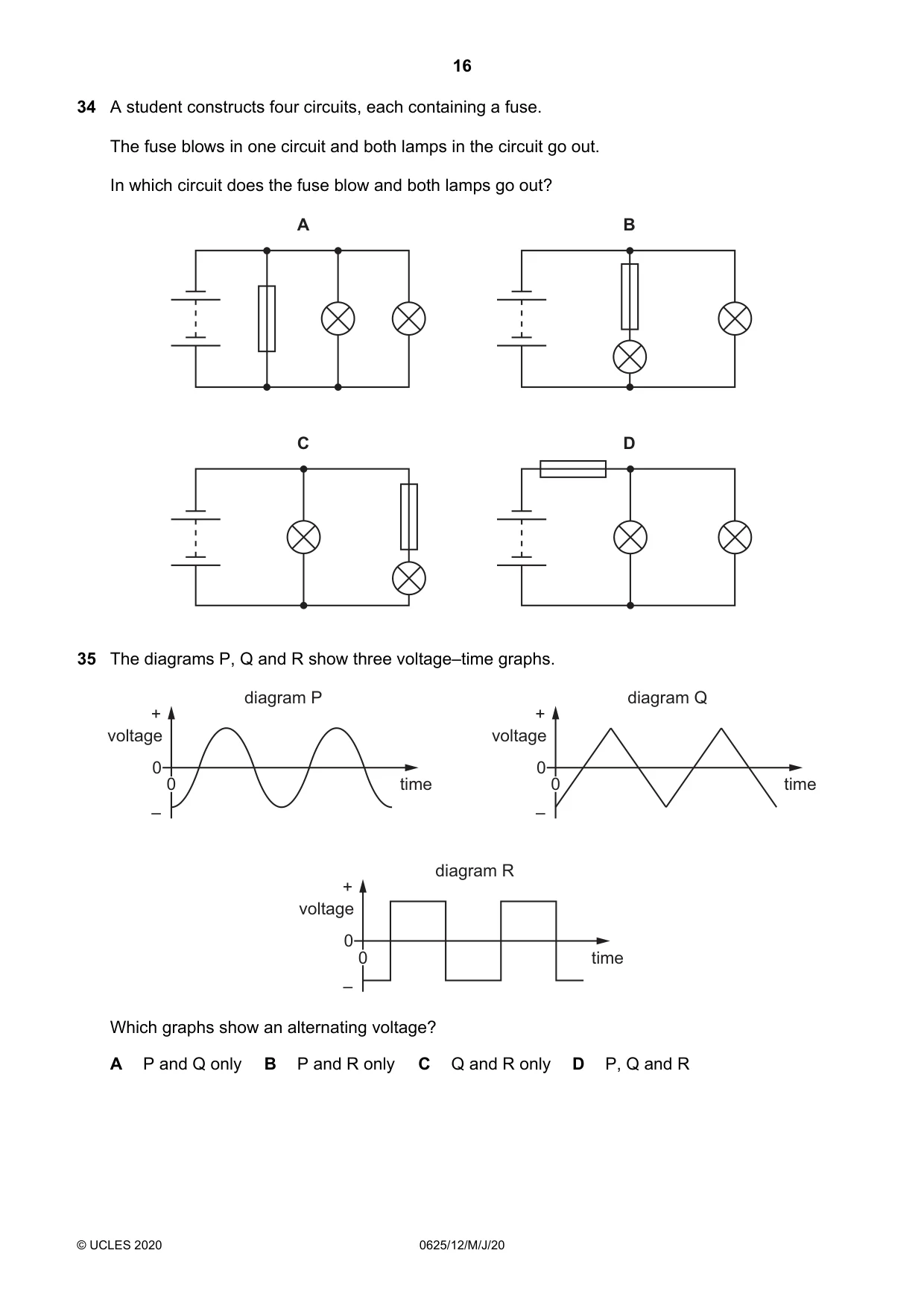Cambridge IGCSE Physics 0625 2020 May/June Paper 1 · Variant 2 question paper, page 16 of 20