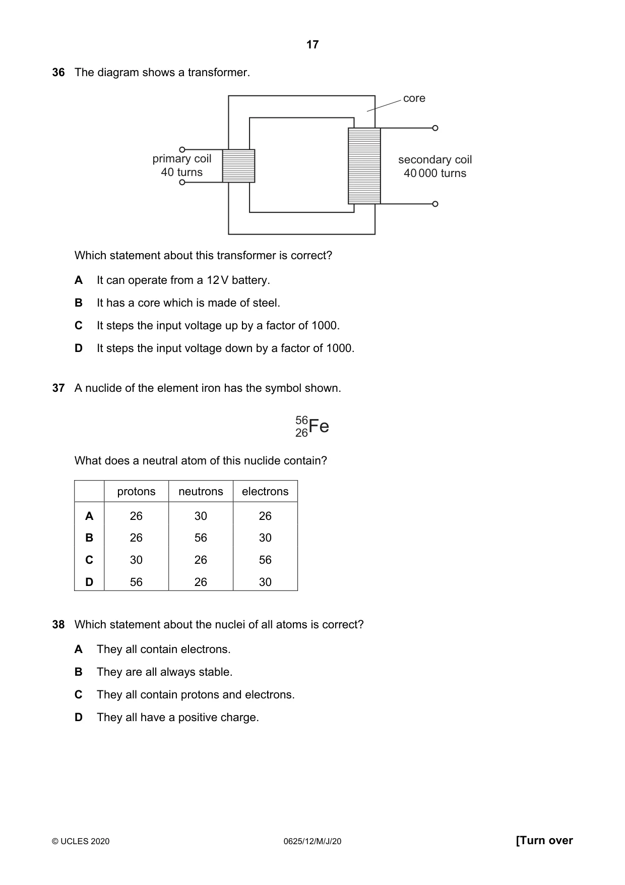 Cambridge IGCSE Physics 0625 2020 May/June Paper 1 · Variant 2 question paper, page 17 of 20